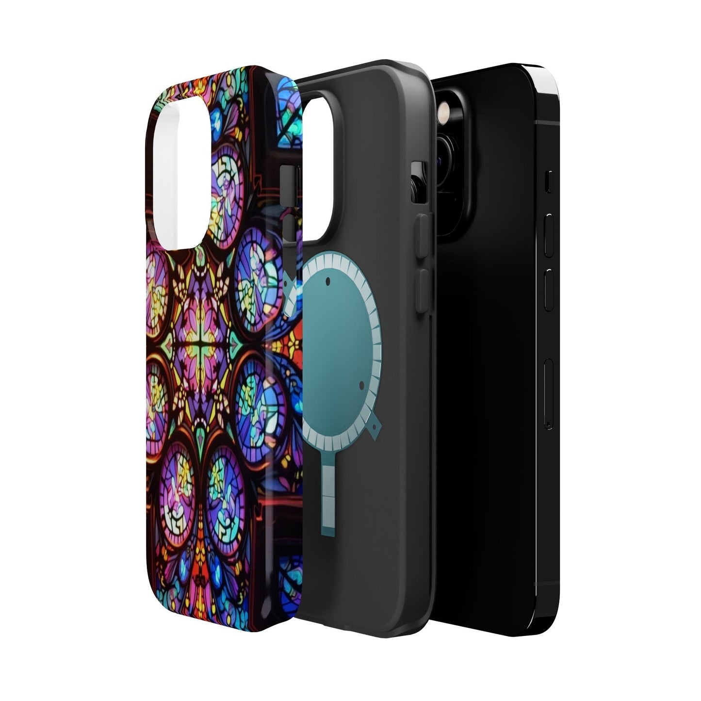 Colorful hypnotic stained glass design iPhone tough case with durable dual-layer protection and MagSafe compatibility.