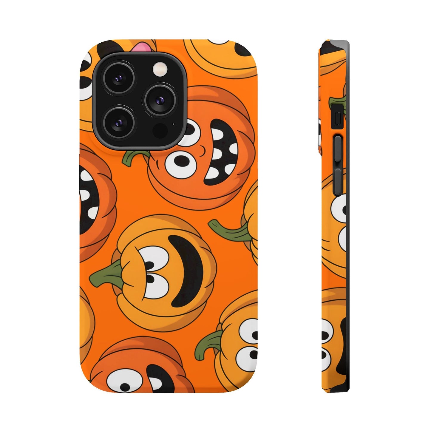 iPhone case with Moody Pumpkins Design featuring vibrant spooky pumpkin faces on orange background, durable protective polycarbonate and TPU build with MagSafe magnet.