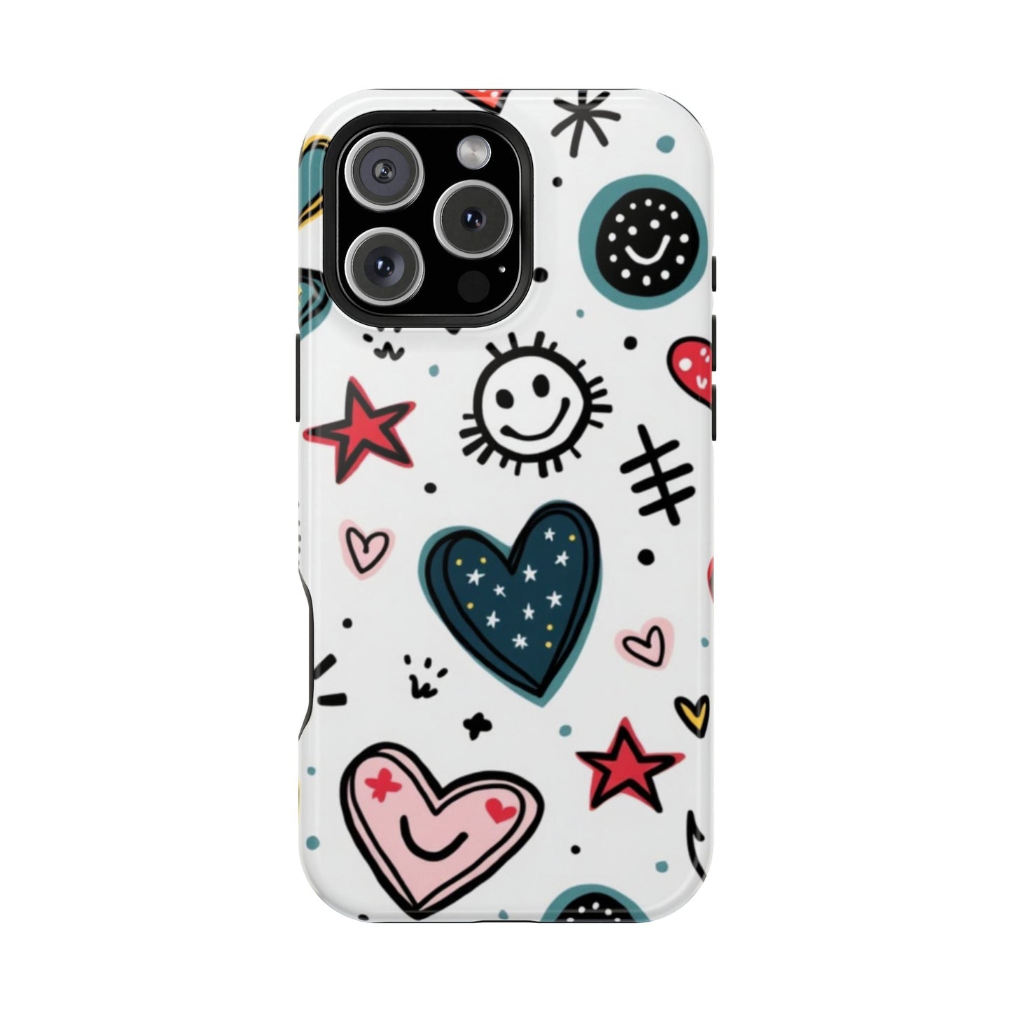 iPhone tough case with colorful cartoon hearts and smiley faces design, durable dual-layer protection, MagSafe compatible