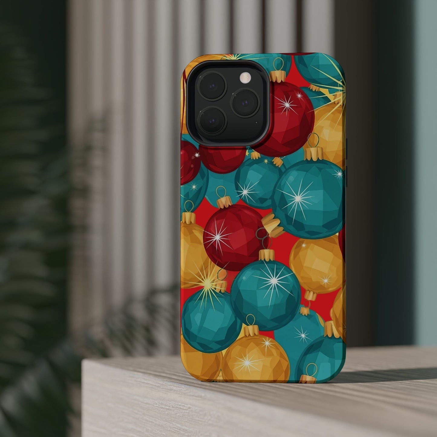 iPhone case with colorful Christmas Tree Sparkle Bulbs design in red, teal, and gold colors with MagSafe compatibility and durable protection