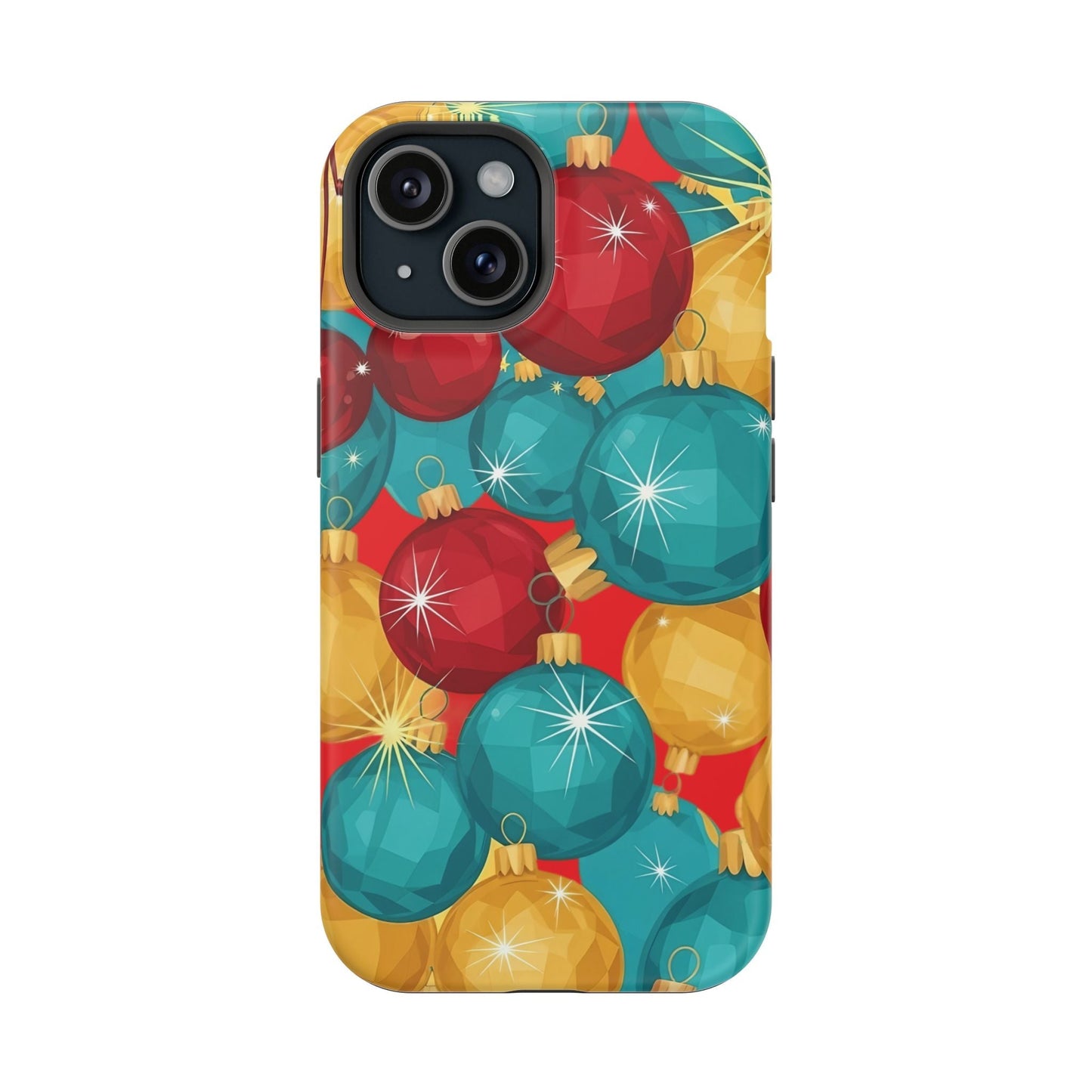 iPhone case with colorful Christmas Tree Sparkle Bulbs design, durable dual-layer protection, MagSafe compatible, vibrant holiday phone cover