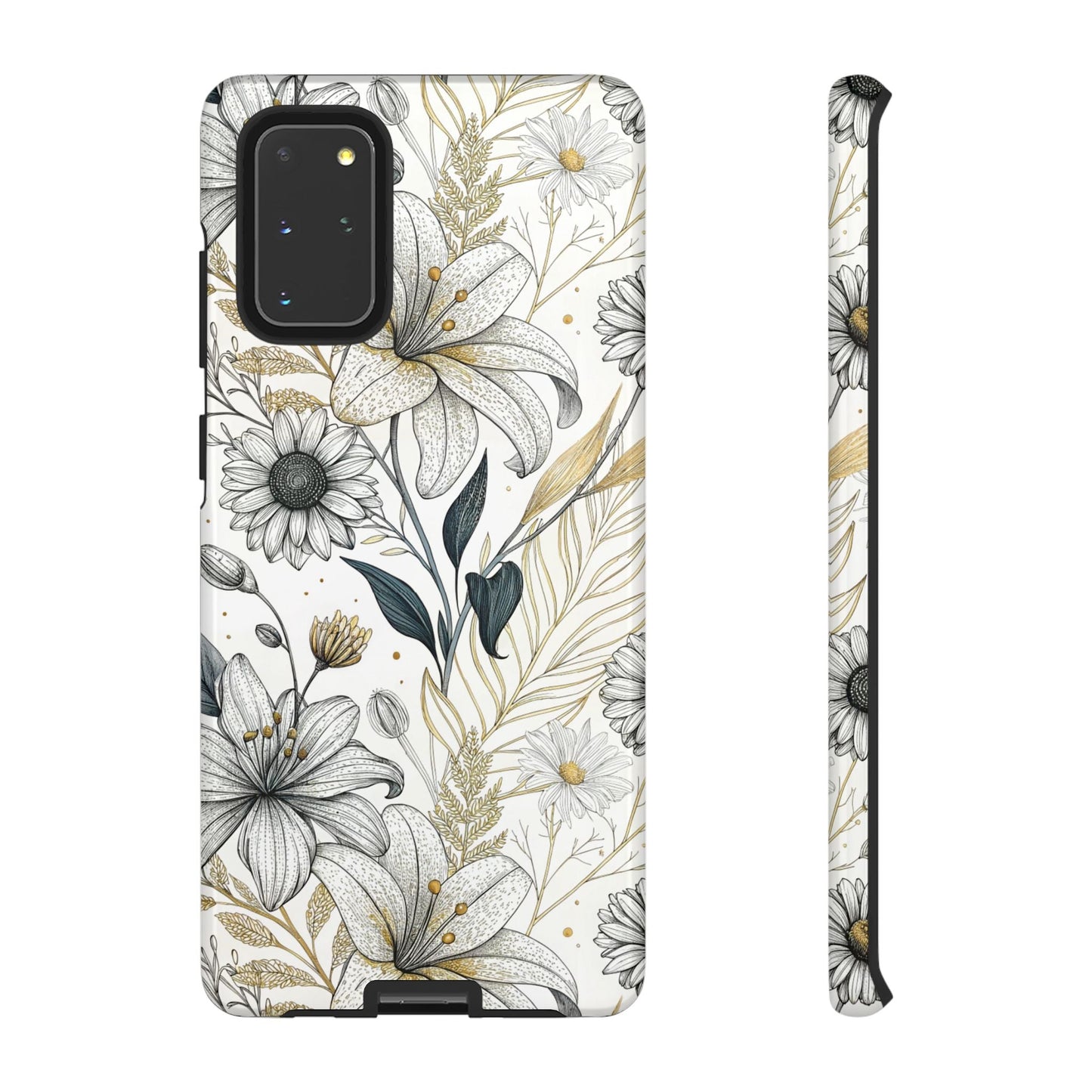Samsung tough phone case with golden leaf minimalist floral design and drop protection
