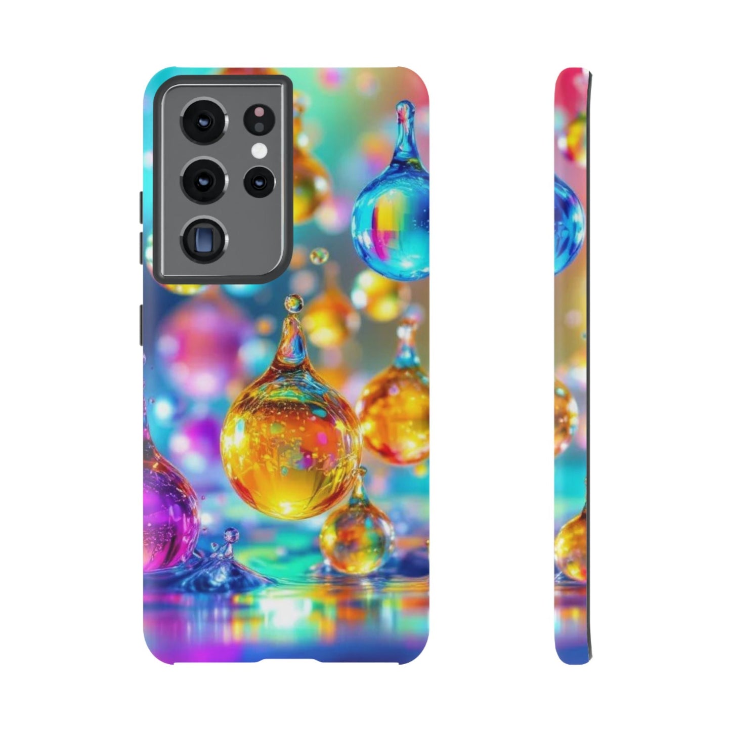 Samsung phone case with vibrant 3D golden raindrop design offering durable shock and impact protection