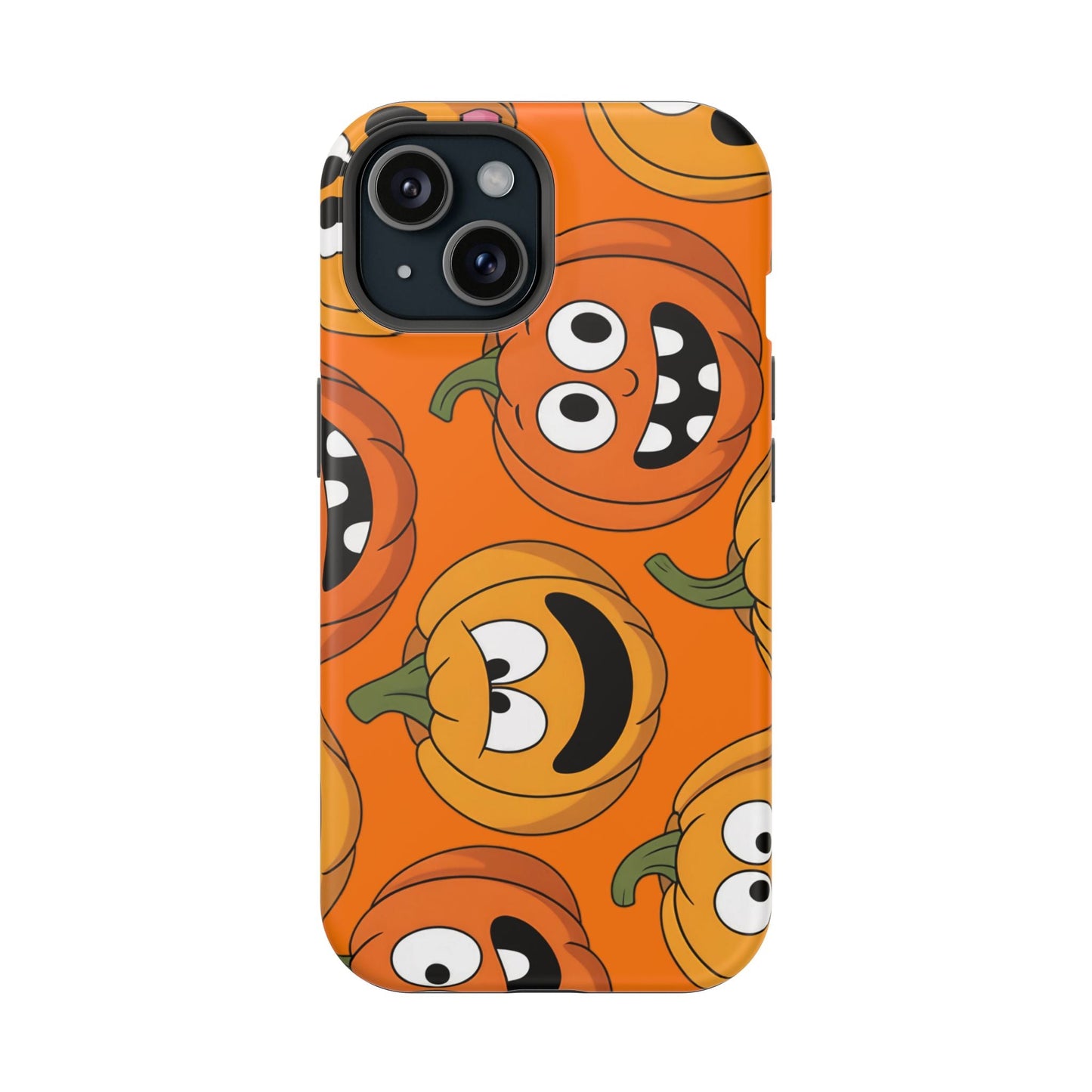 iPhone case with Moody Pumpkins Design featuring playful orange pumpkin faces on a vibrant orange background, durable tough polycarbonate construction with MagSafe compatibility.