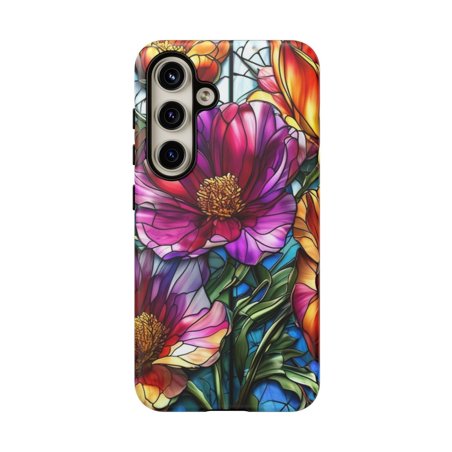 Samsung phone case with vibrant purple flower design, durable and impact-resistant with UV protection and wireless charging support