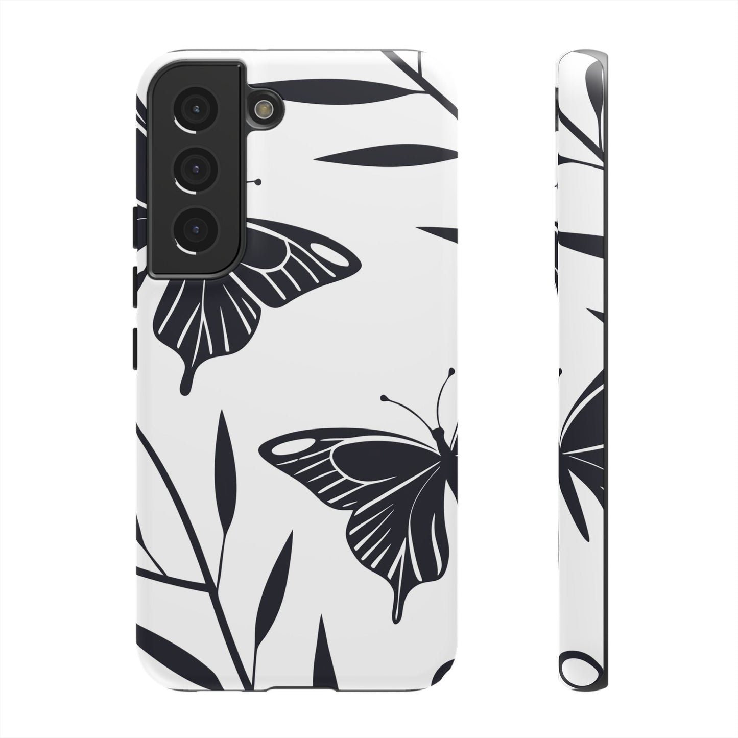 Minimalist black and white butterfly design Samsung tough phone case for protection and style