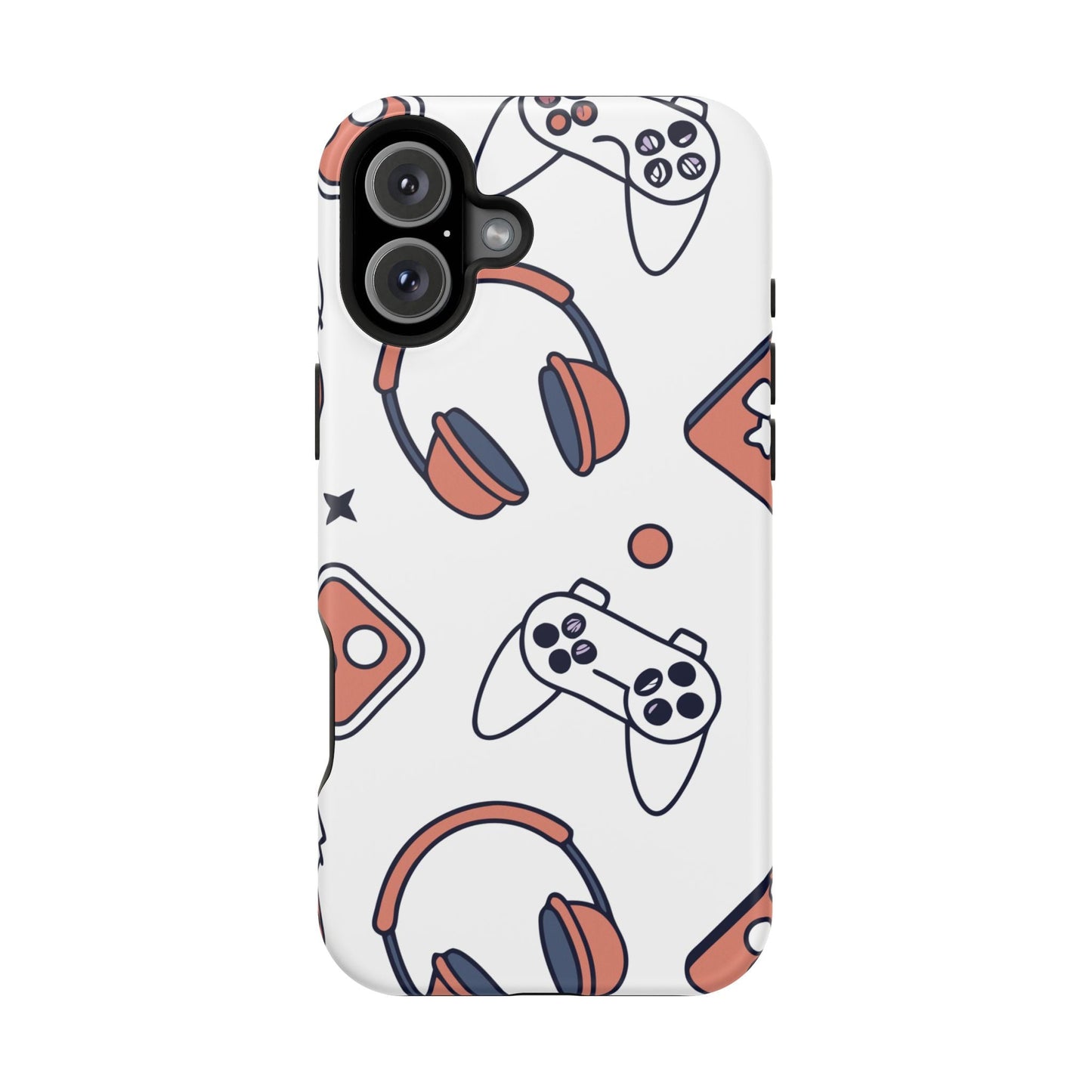 Gamer iPhone tough case with white background and gaming icons design including controllers and headphones