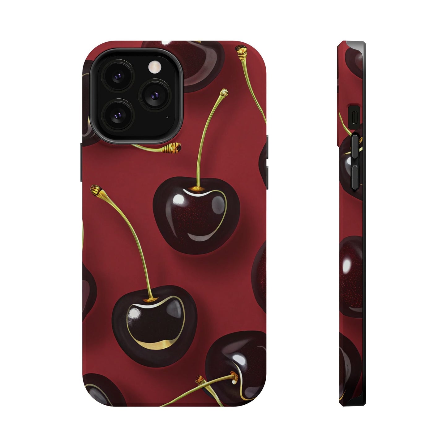 Cherry iPhone tough case with vibrant photo-realistic cherry design and dual-layer protective TPU and polycarbonate build, MagSafe compatible, available in matte and glossy finishes.