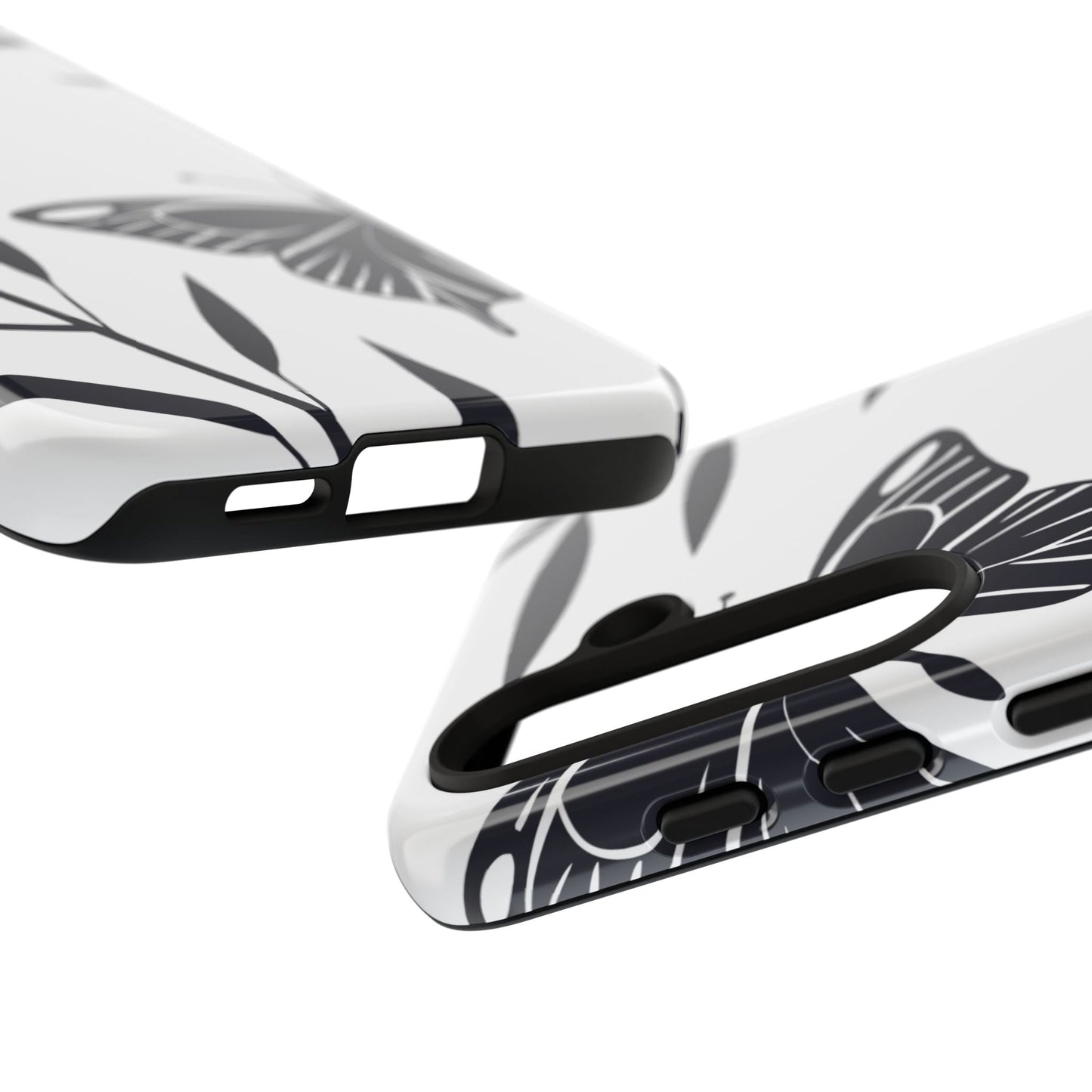 Minimalist black and white butterfly design Samsung phone case with protective slim fit and precise cutouts.