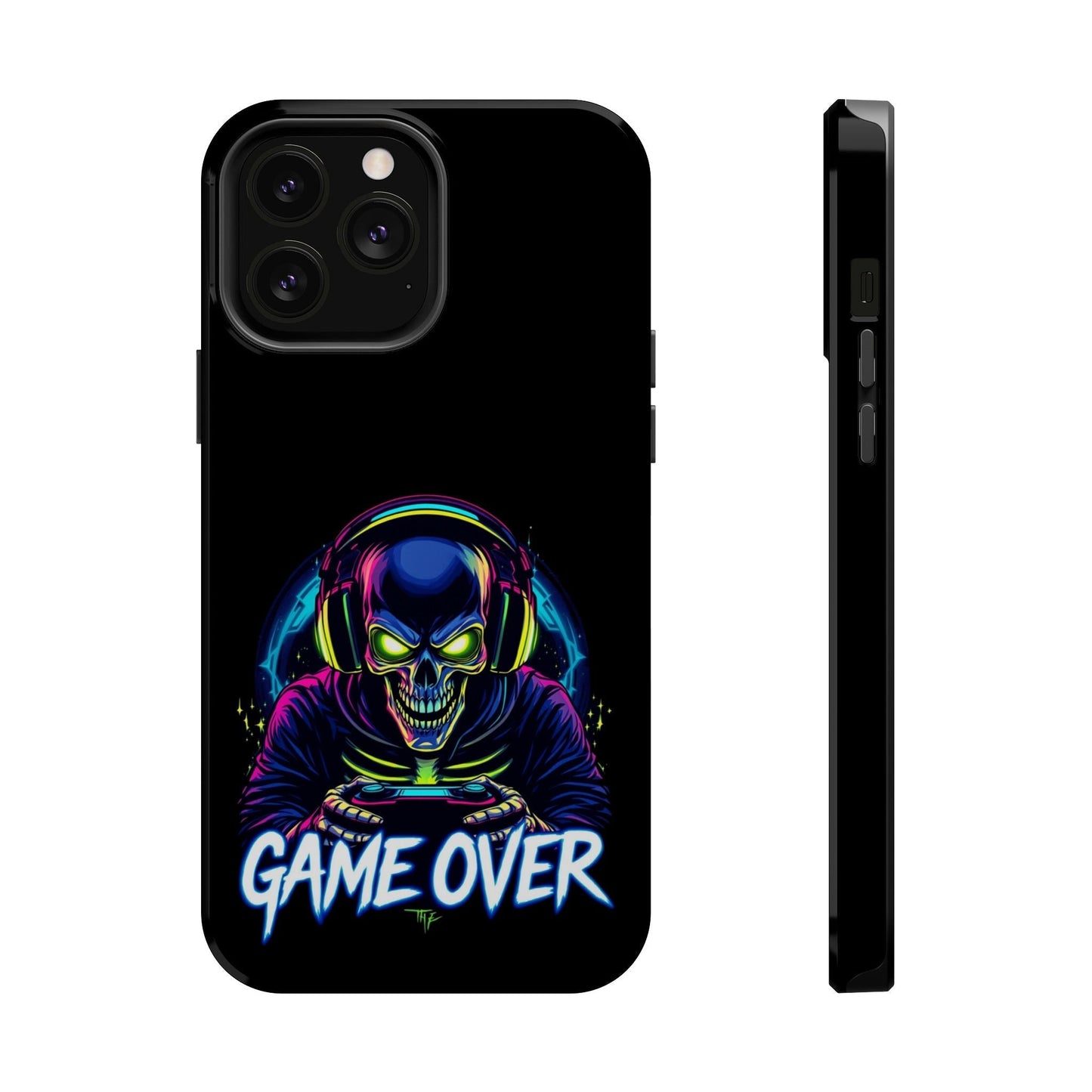 Game Over Gamer iPhone tough case with neon skull design, dual-layer protection, and MagSafe compatibility