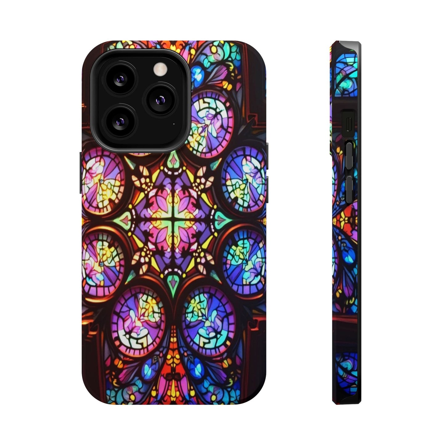 Colorful hypnotic stained glass design iPhone tough case with durable dual-layer protection and MagSafe compatibility