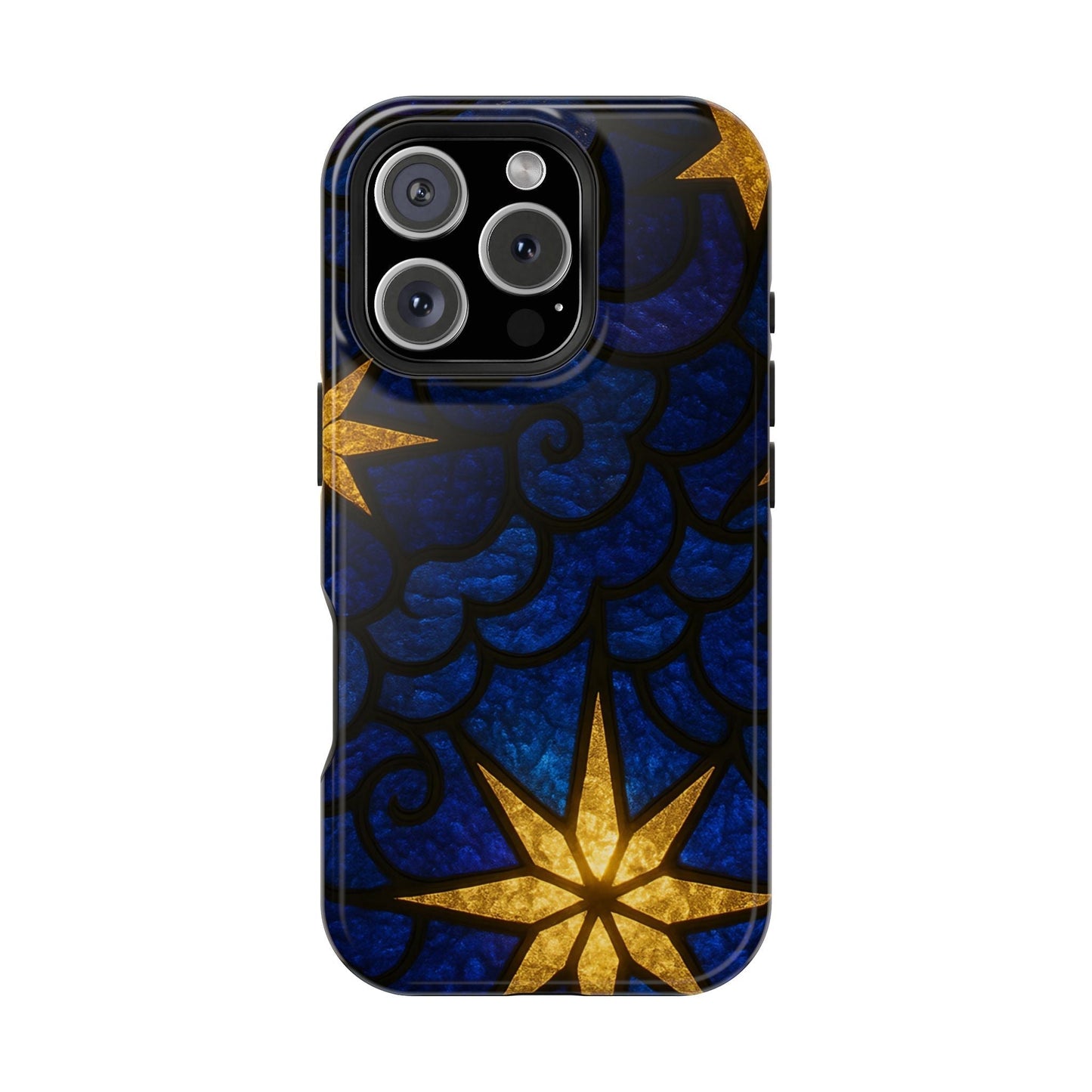 iPhone tough case with golden star design on blue background, durable polycarbonate and TPU, MagSafe compatible protective cover