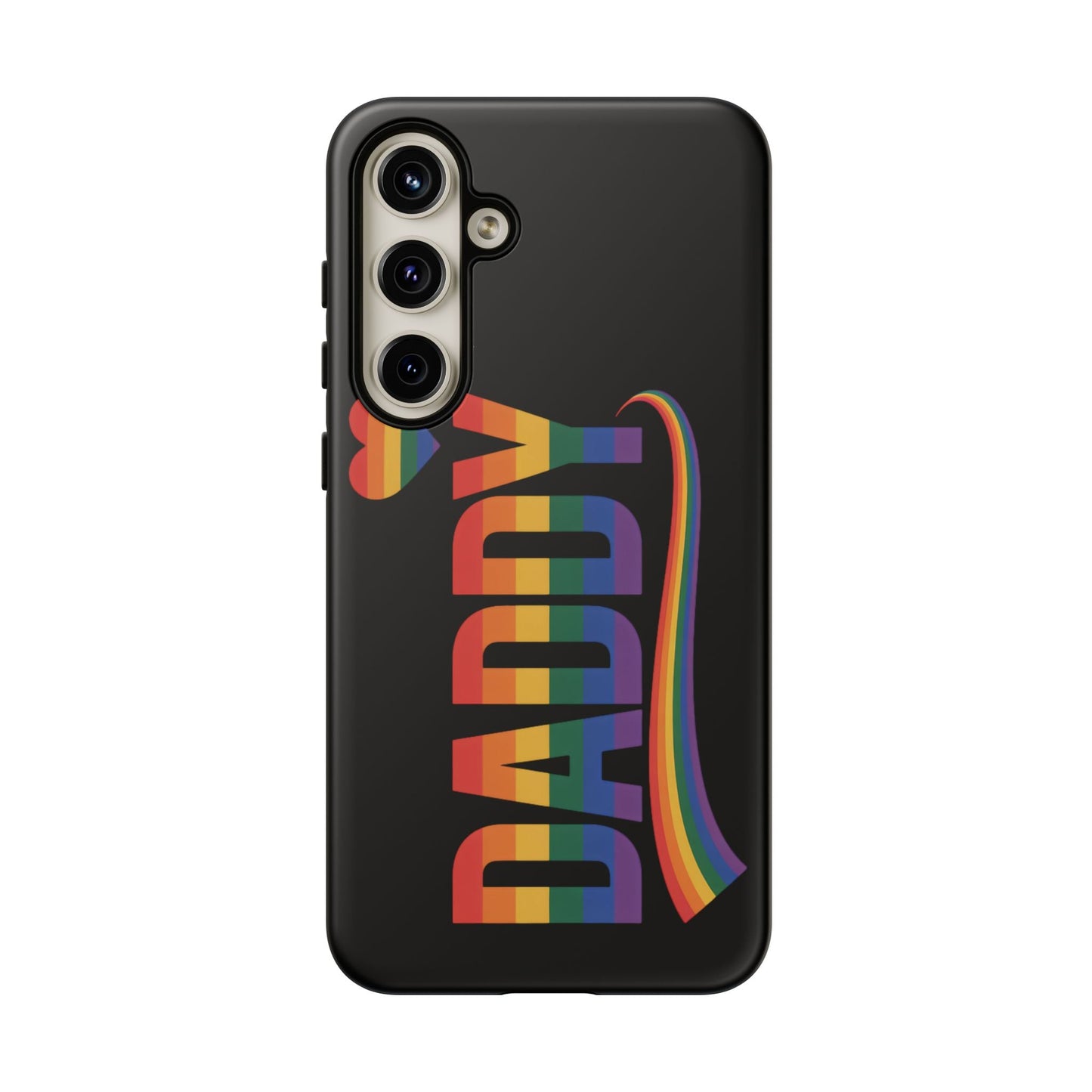 Samsung Tough Case with colorful LGBT-inspired "DADDY" text and rainbow heart design for Samsung Galaxy phone protection