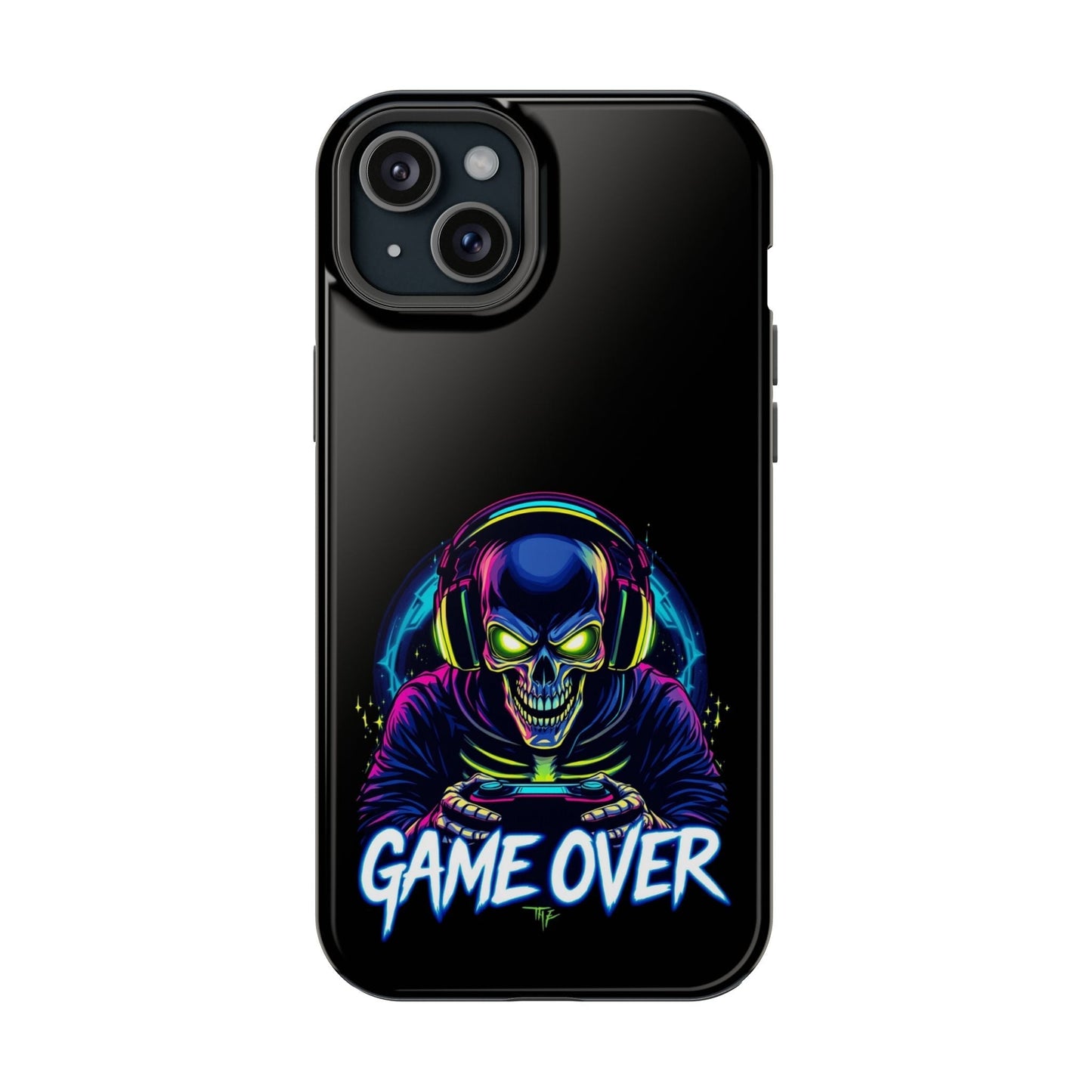 Game Over Gamer iPhone tough case with vibrant skull gamer design, dual-layer protection, and MagSafe compatibility.
