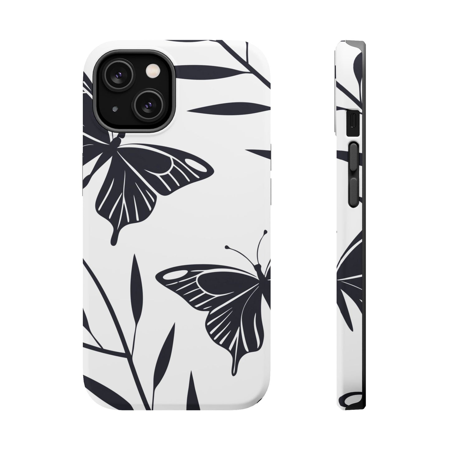 Black and white minimalist butterfly design iPhone case with strong protective dual-layer build and MagSafe compatibility
