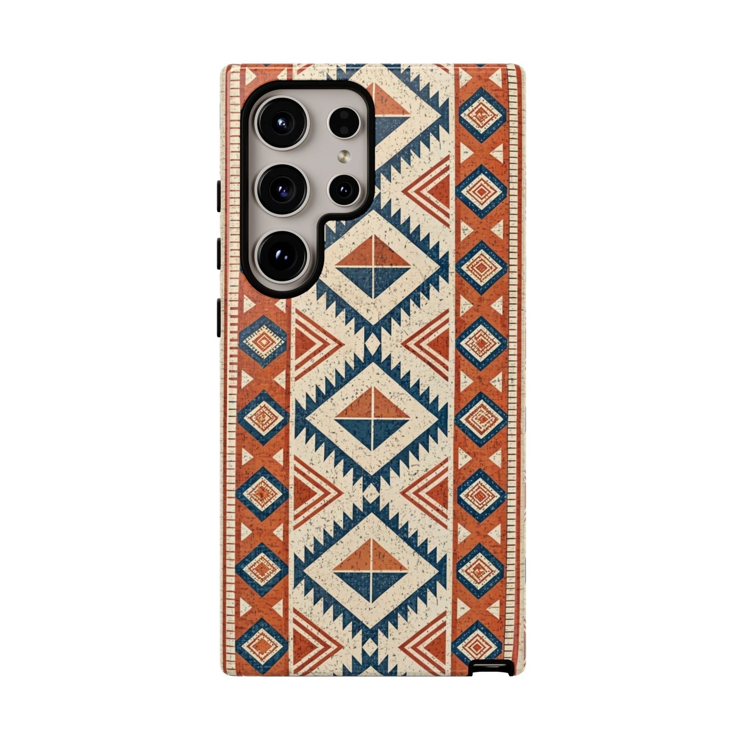 Samsung phone case with tribal design pattern in red, blue, and beige colors, durable and stylish protection for Samsung Galaxy models