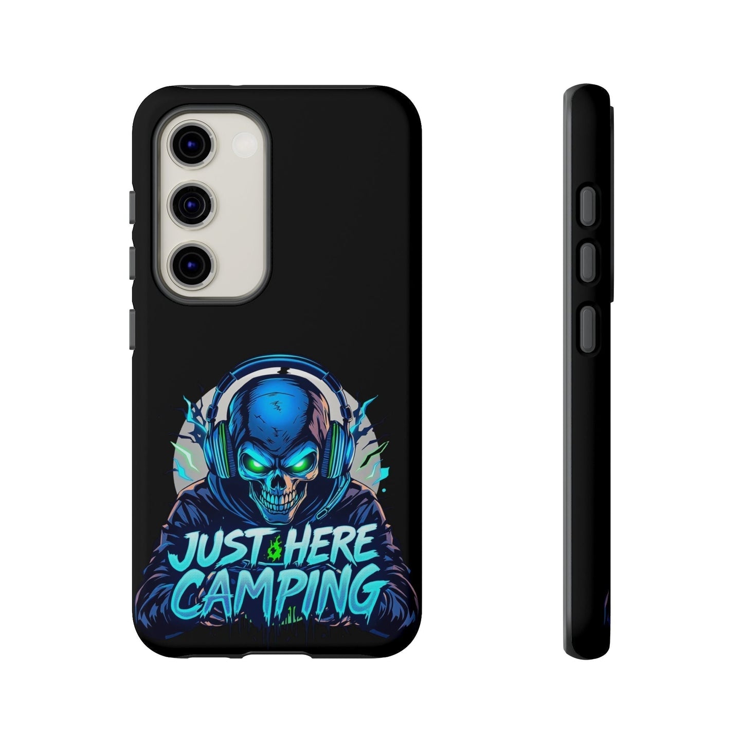 Samsung Tough Case for gaming enthusiasts with "Just Here Camping" skull design and premium protection
