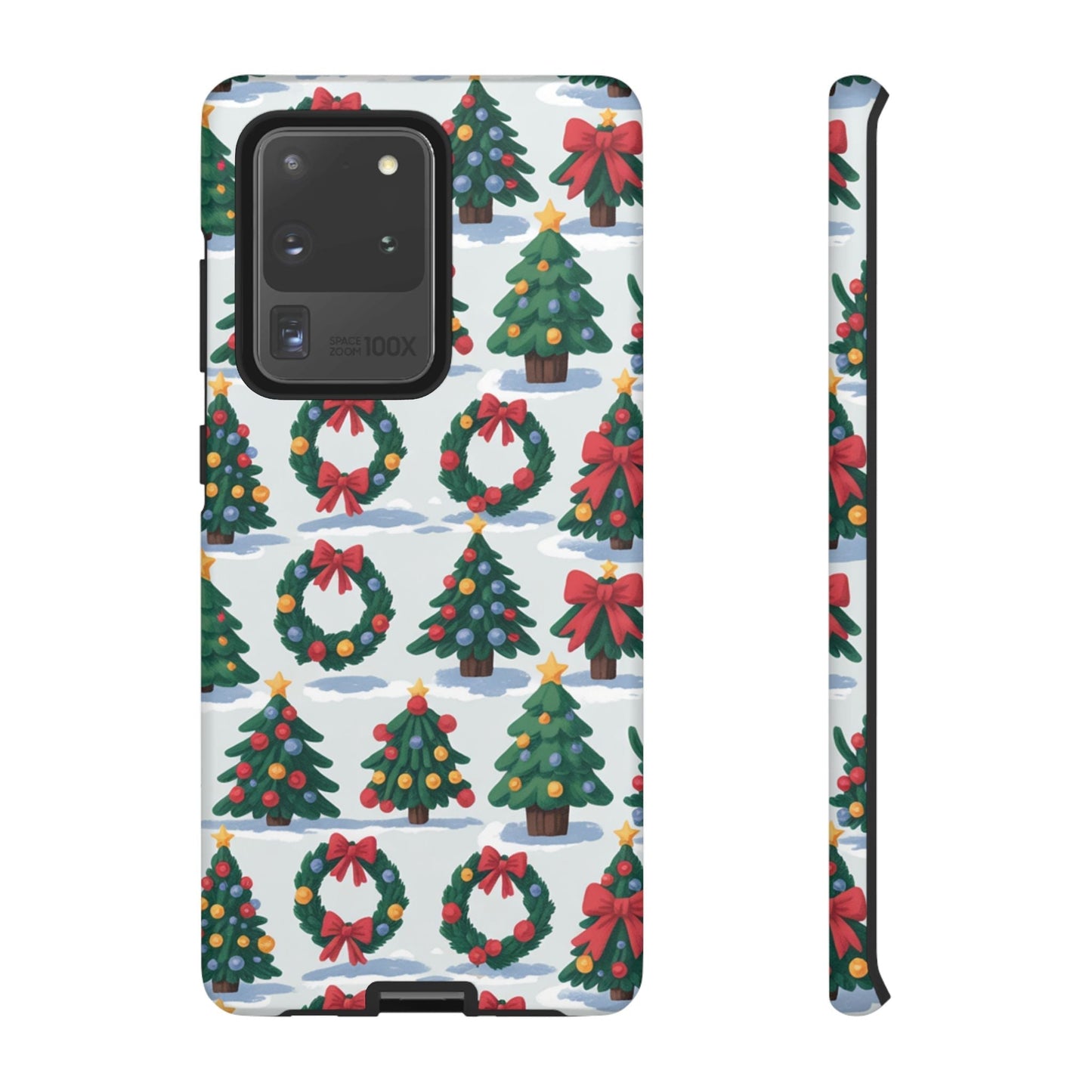 Samsung phone case with repeated Holiday Wreath Tree and Christmas tree pattern in festive red and green colors