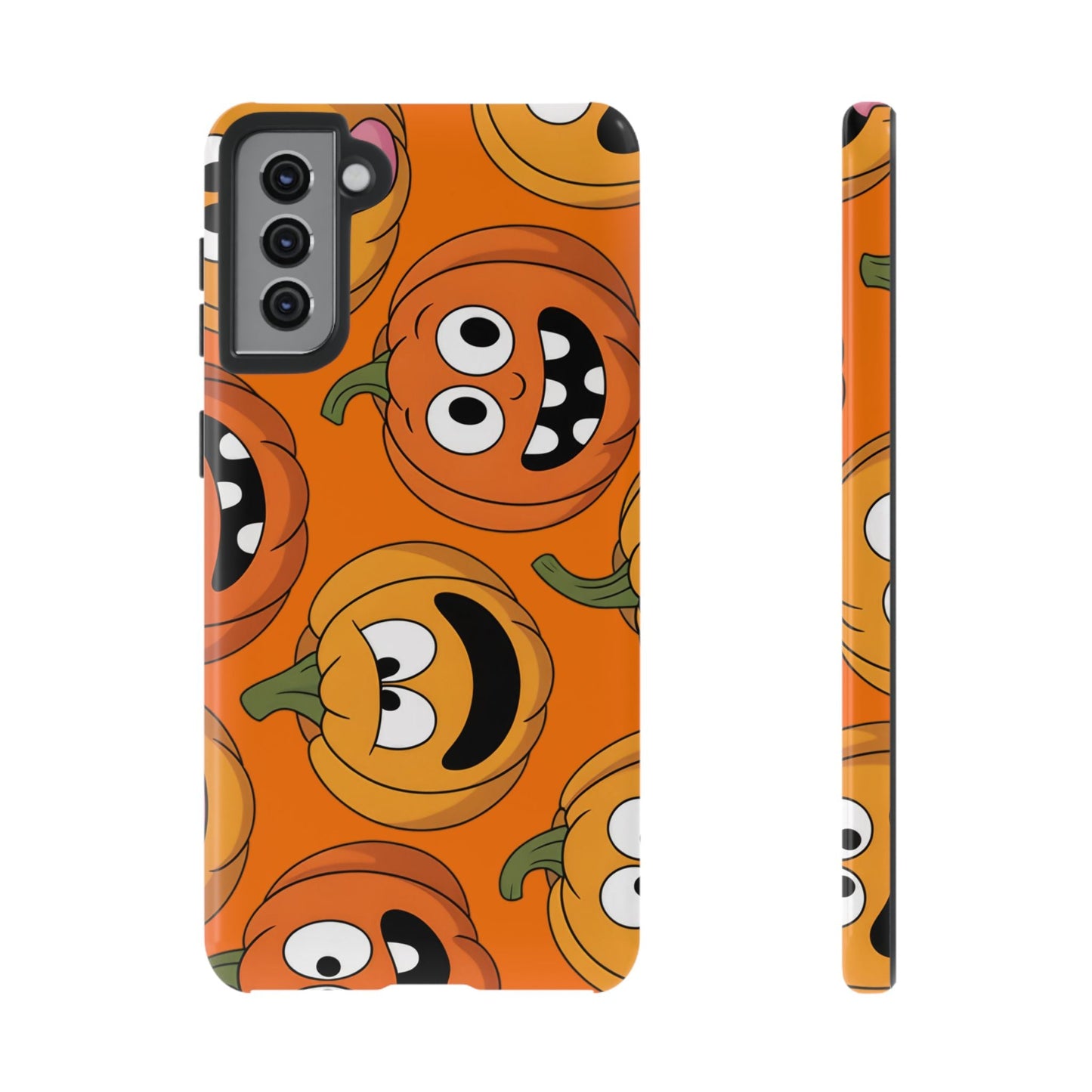 Samsung Tough Case with moody cartoon pumpkins design in vibrant orange for fall season protection