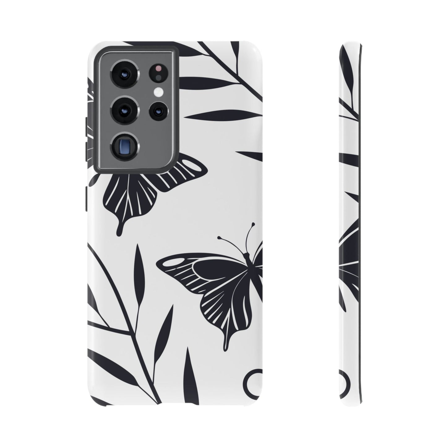 Minimalist black and white butterfly Samsung tough phone case with elegant floral design and robust protection