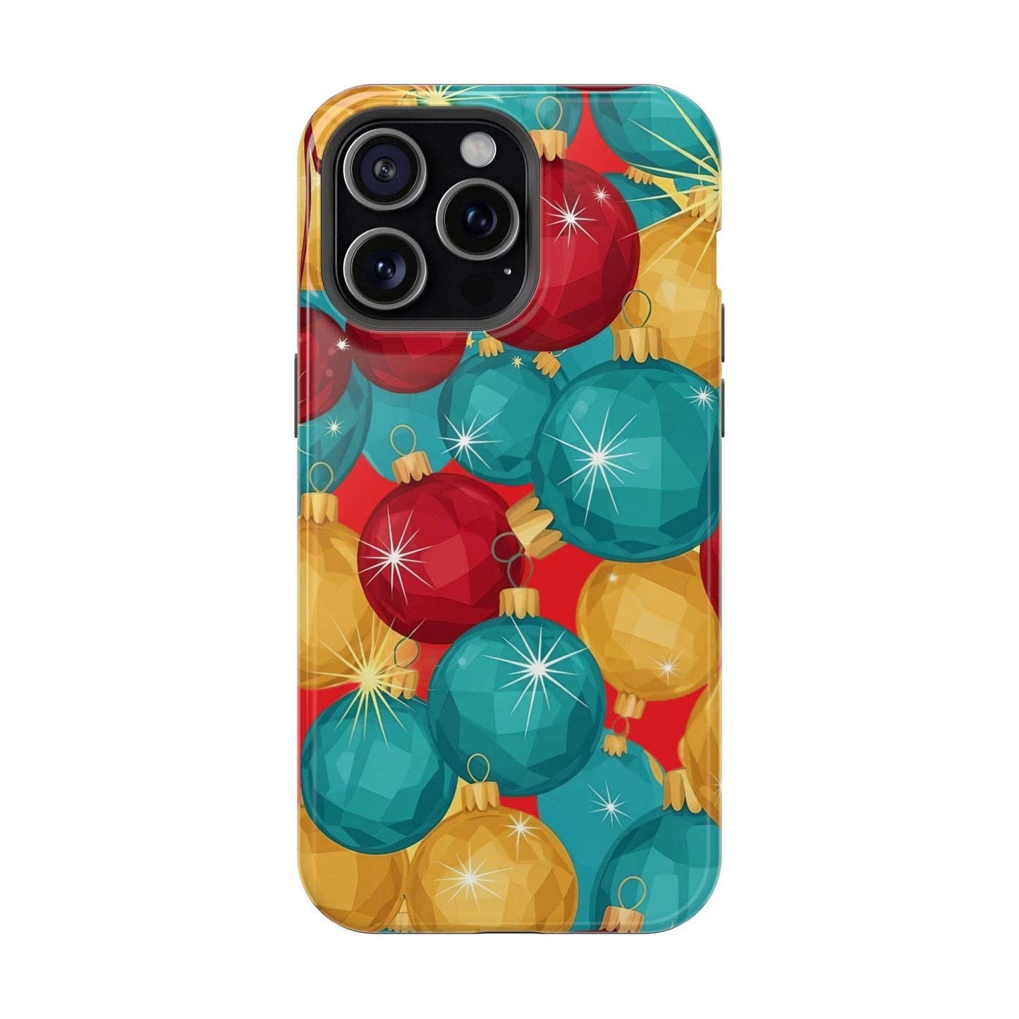 iPhone case with Christmas Tree Sparkle Bulbs design featuring vibrant red, teal, and gold ornaments, durable polycarbonate with black TPU lining, MagSafe compatible