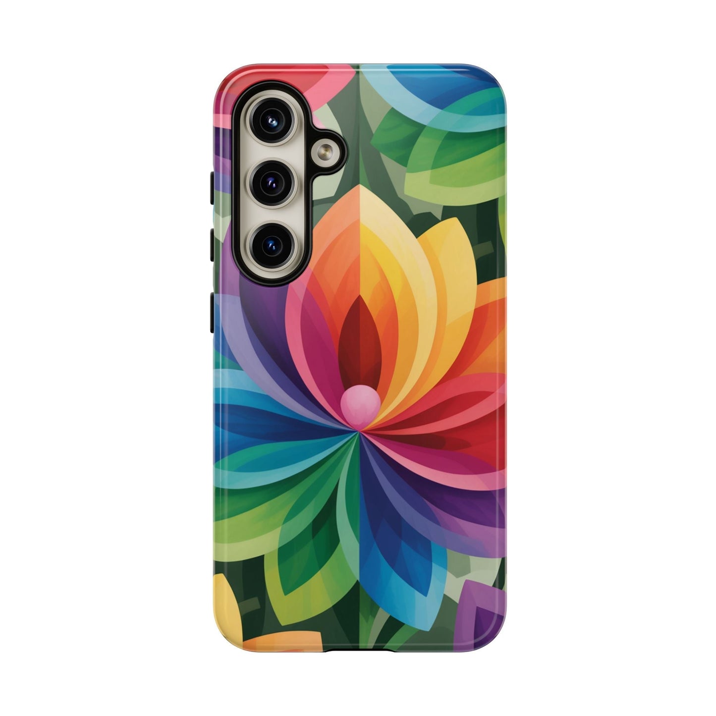 Samsung Tough Case with vibrant rainbow flower design, durable and impact-resistant protection, supports wireless charging.