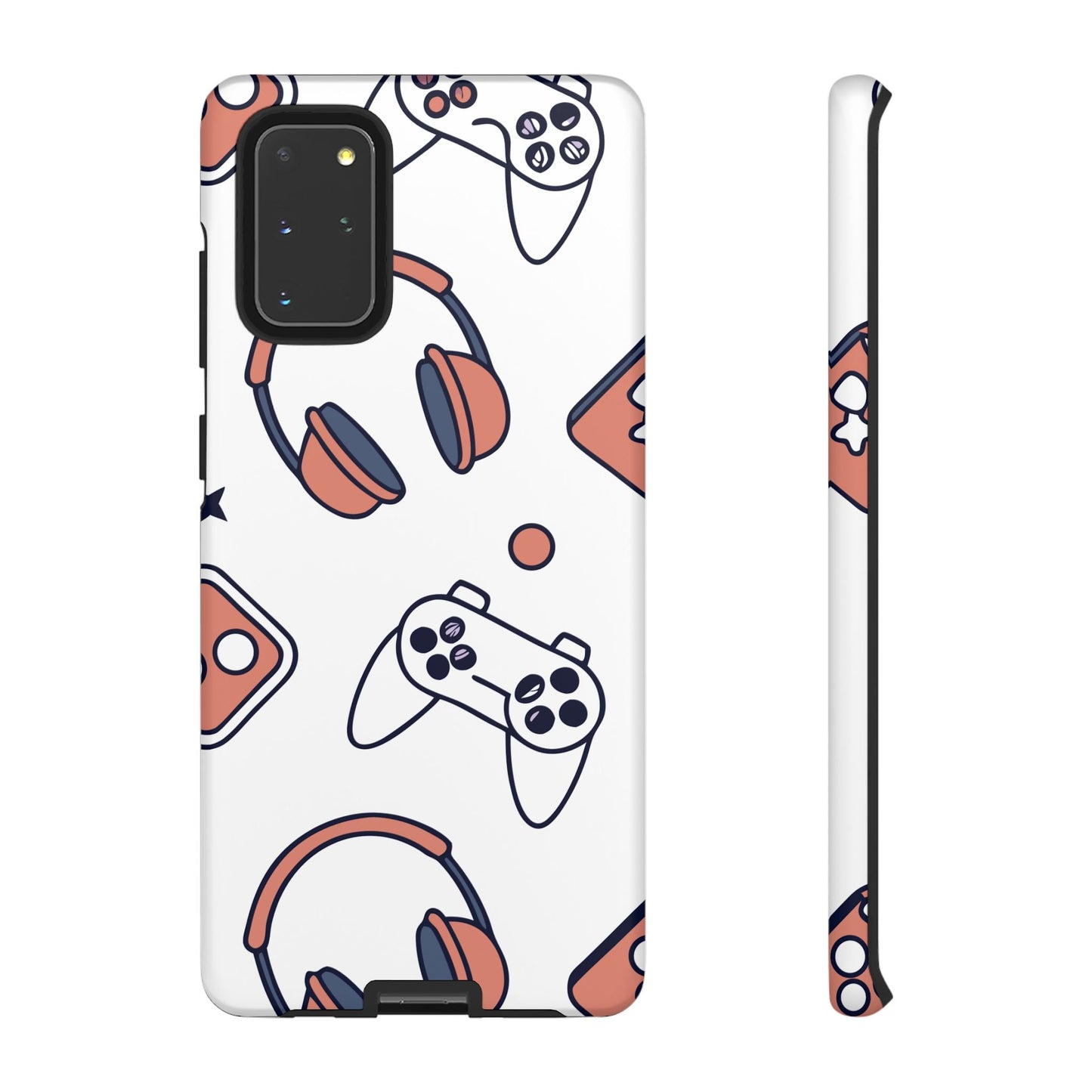Samsung phone case with gamer-themed design featuring controllers and headphones, durable and impact-resistant Gamer Tough Phone Case.
