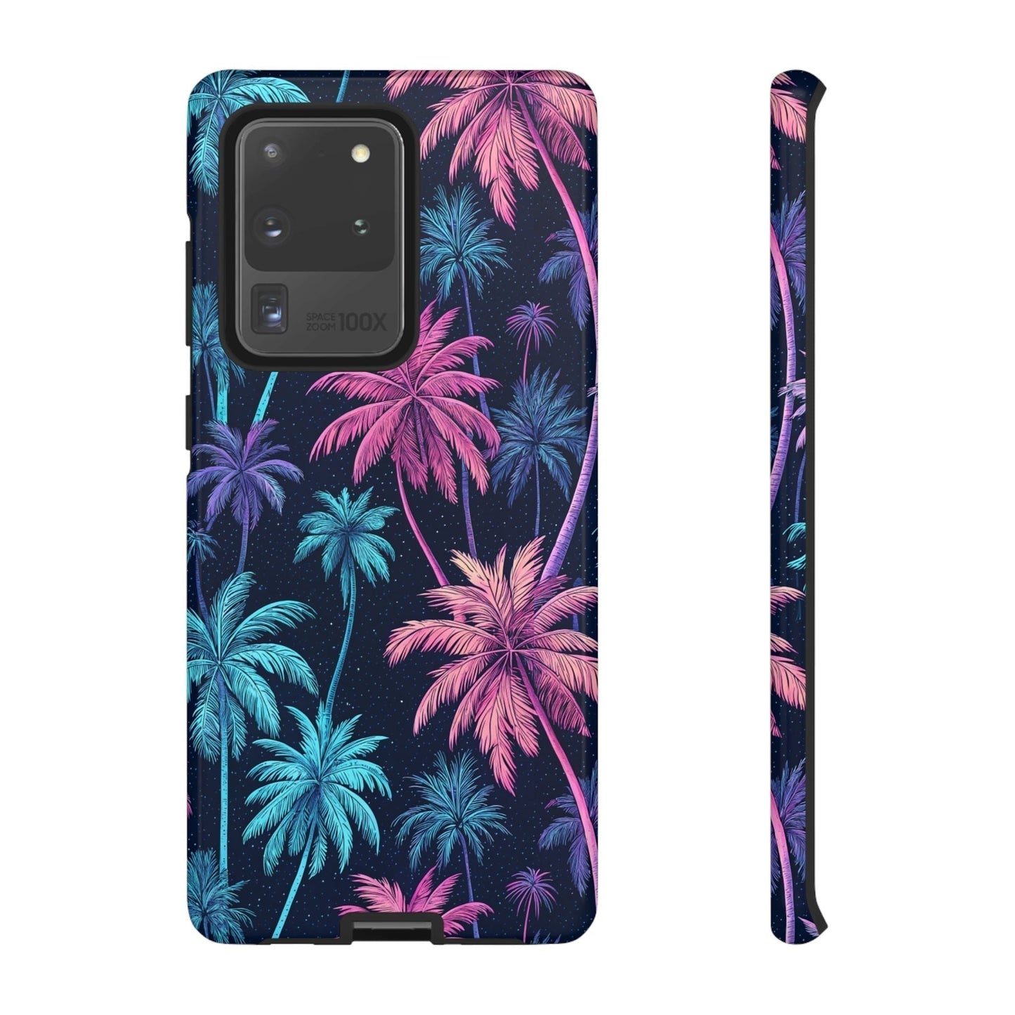 Neon Palm Tree Phone Case for Samsung Galaxy with vibrant pink and blue palm tree design on black background, slim protective cover.