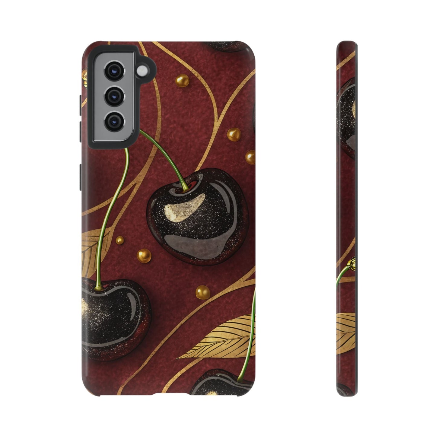 Samsung phone case with golden cherry design, durable tough protection, stylish and vibrant 3D print