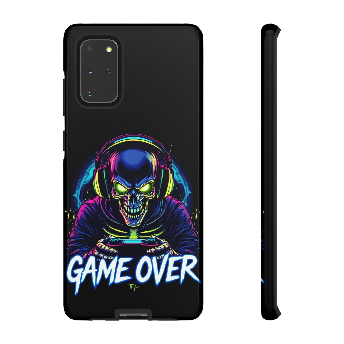 Game Over Design Samsung tough case with neon skull gamer graphic and impact-resistant protection for Galaxy phones