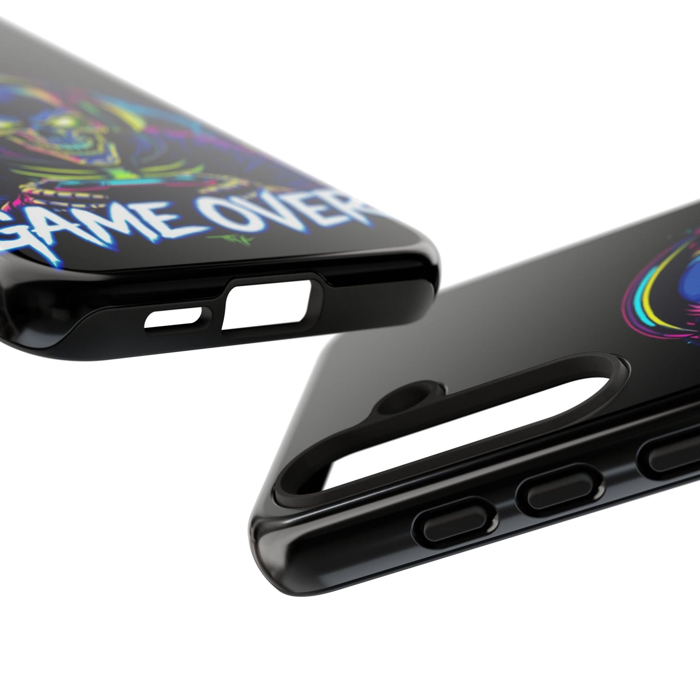 Close-up of a black Samsung phone case with Game Over design, showing impact-resistant durable material and precise cutouts for buttons and ports.