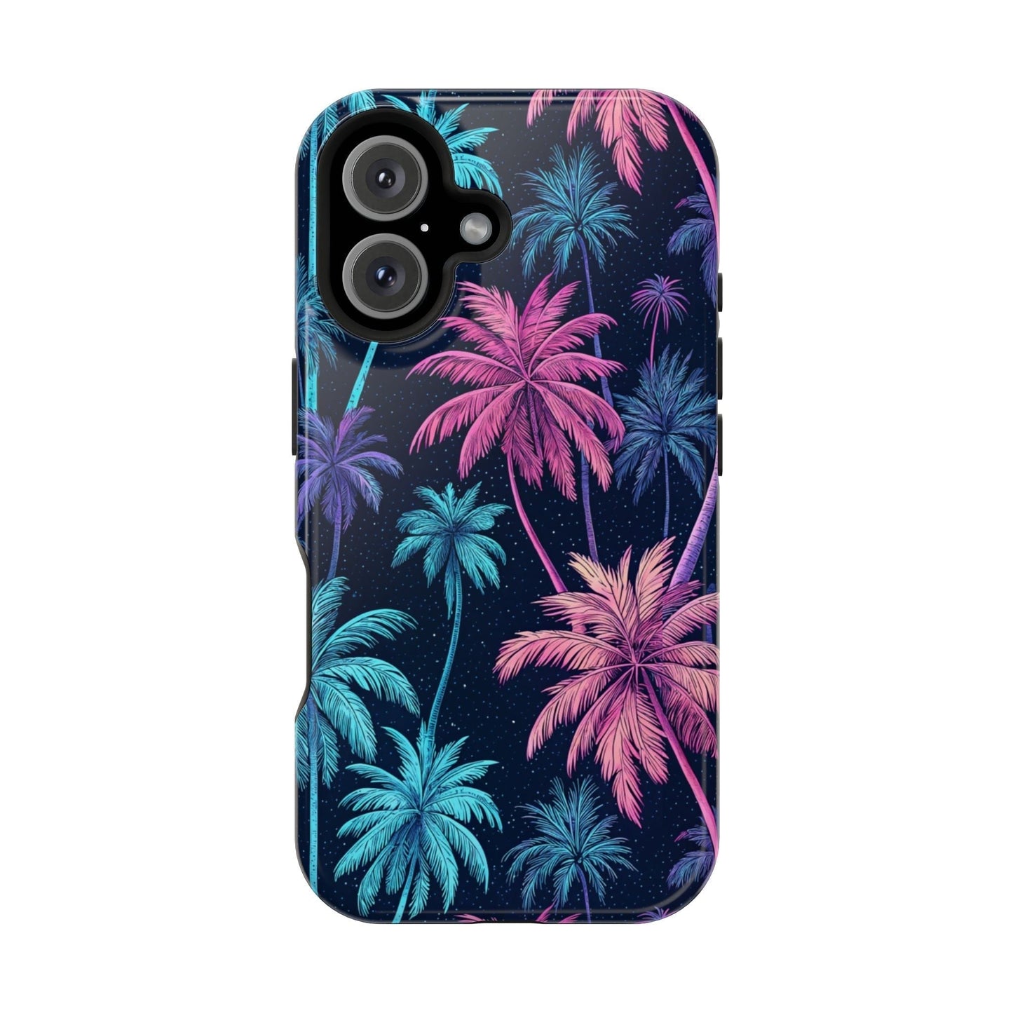 Neon Palm Trees phone case for iPhone with vibrant blue and pink palm tree design and MagSafe compatibility