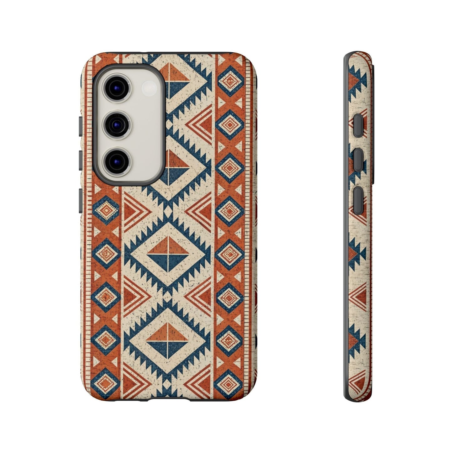 Tribal design Samsung tough phone case with geometric patterns in red, blue, and beige for Samsung Galaxy models.