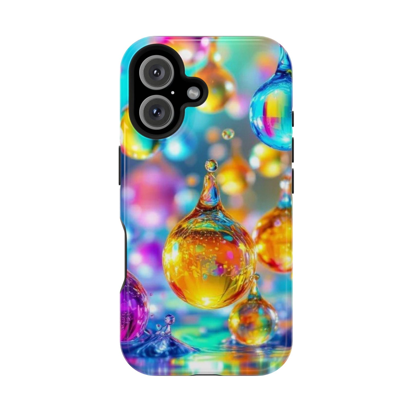 iPhone tough case with vibrant golden raindrop design and MagSafe magnet protection