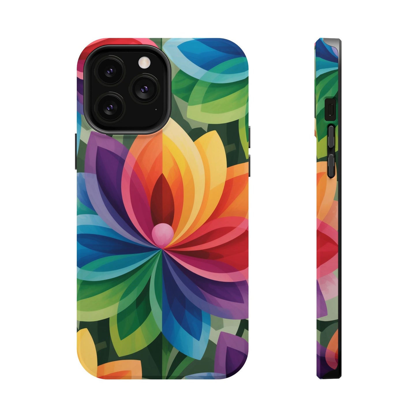 Colorful Rainbow Flower iPhone Case with vibrant petals, MagSafe compatible, durable dual-layer protection, glossy or matte finish