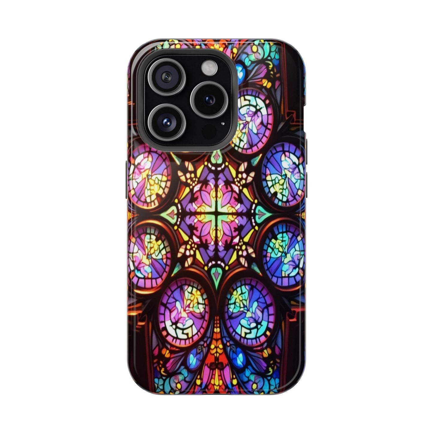 Colorful hypnotic stained glass design iPhone tough case with durable protective dual-layer build and MagSafe compatibility