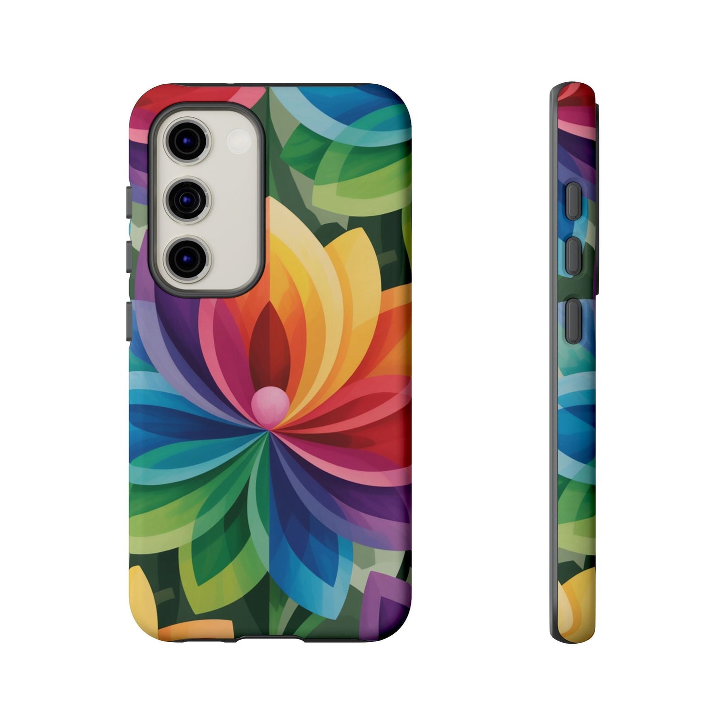 Samsung Tough Case with vibrant rainbow flower design, durable and impact-resistant, for phone protection and style