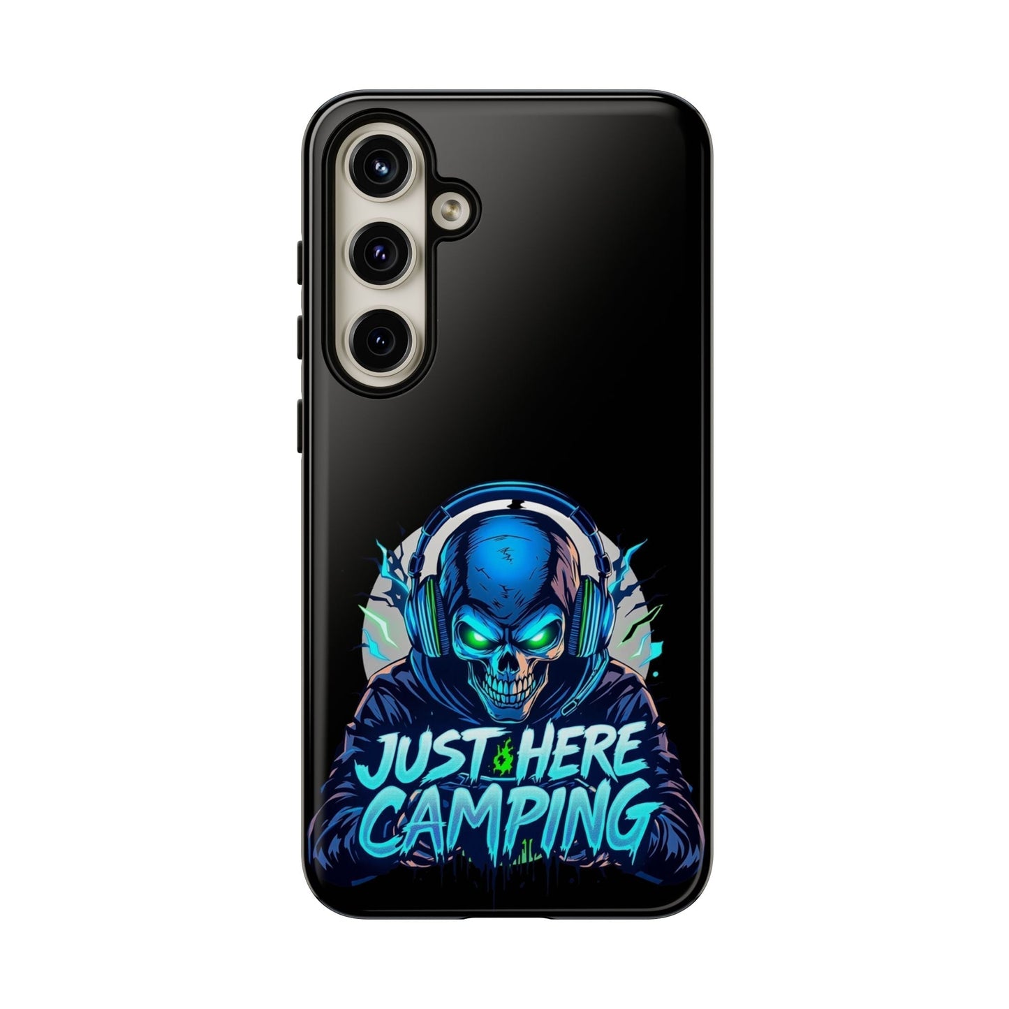 Samsung Tough Case for gaming enthusiasts with vibrant "Just Here Camping" skull design and premium protection
