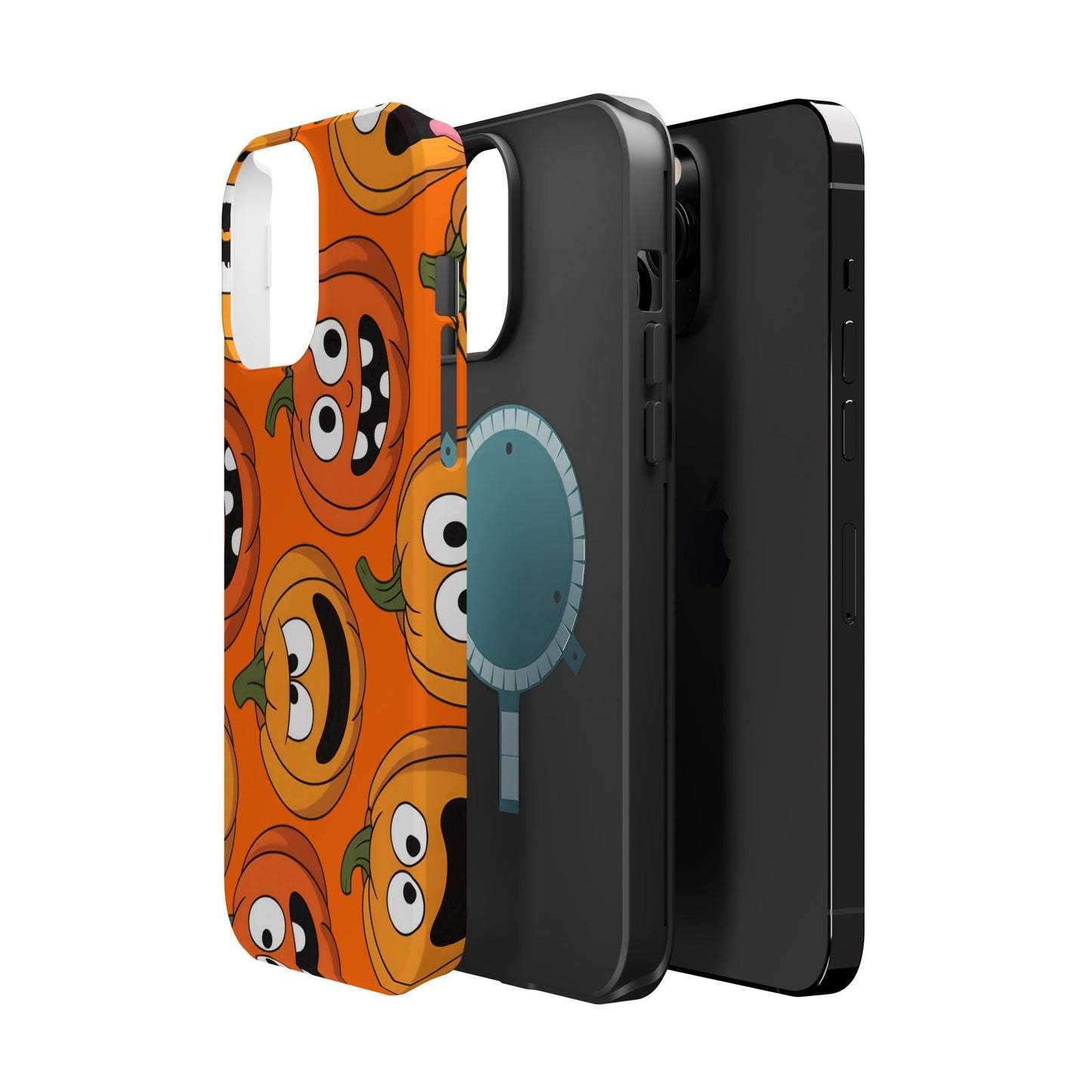 iPhone case with Moody Pumpkins Design featuring vibrant orange spooky pumpkin faces and durable protective construction with MagSafe compatibility