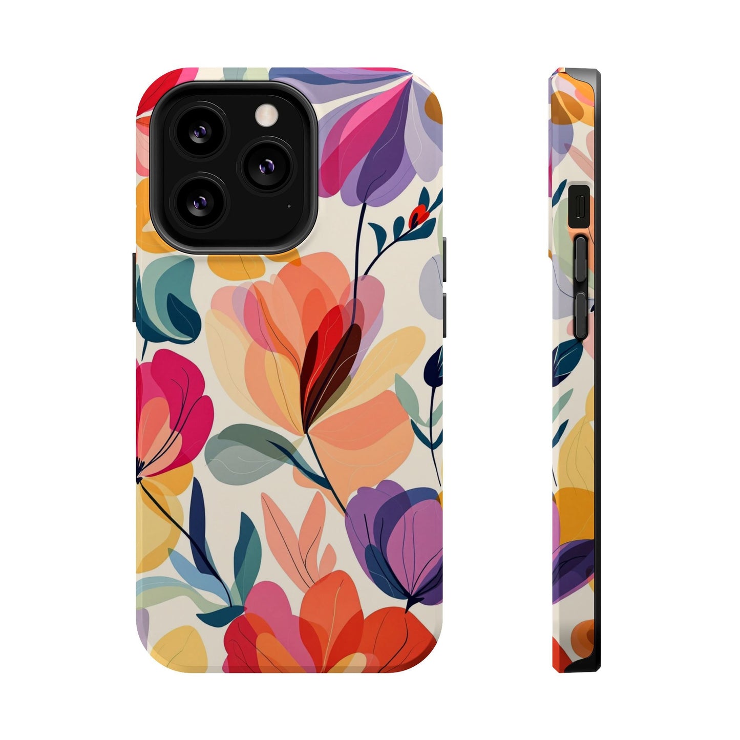Watercolor floral iPhone case with vibrant multicolor flower design and durable polycarbonate construction, MagSafe compatible.