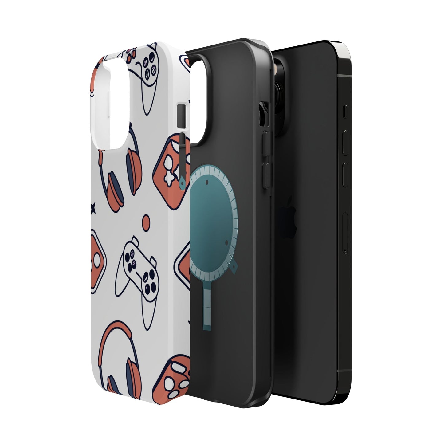 Gamer iPhone tough case with durable polycarbonate and TPU layers, featuring gaming controller design and MagSafe compatibility.