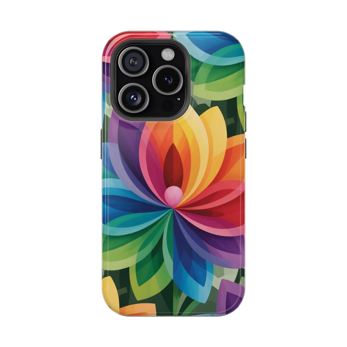 Colorful Rainbow Flower iPhone case with vibrant full-wrap print and MagSafe compatibility