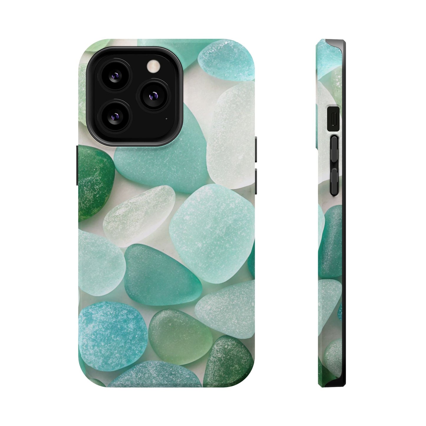 iPhone case with sea glass inspired design in calming green and blue tones, durable dual-layer protection with MagSafe compatibility