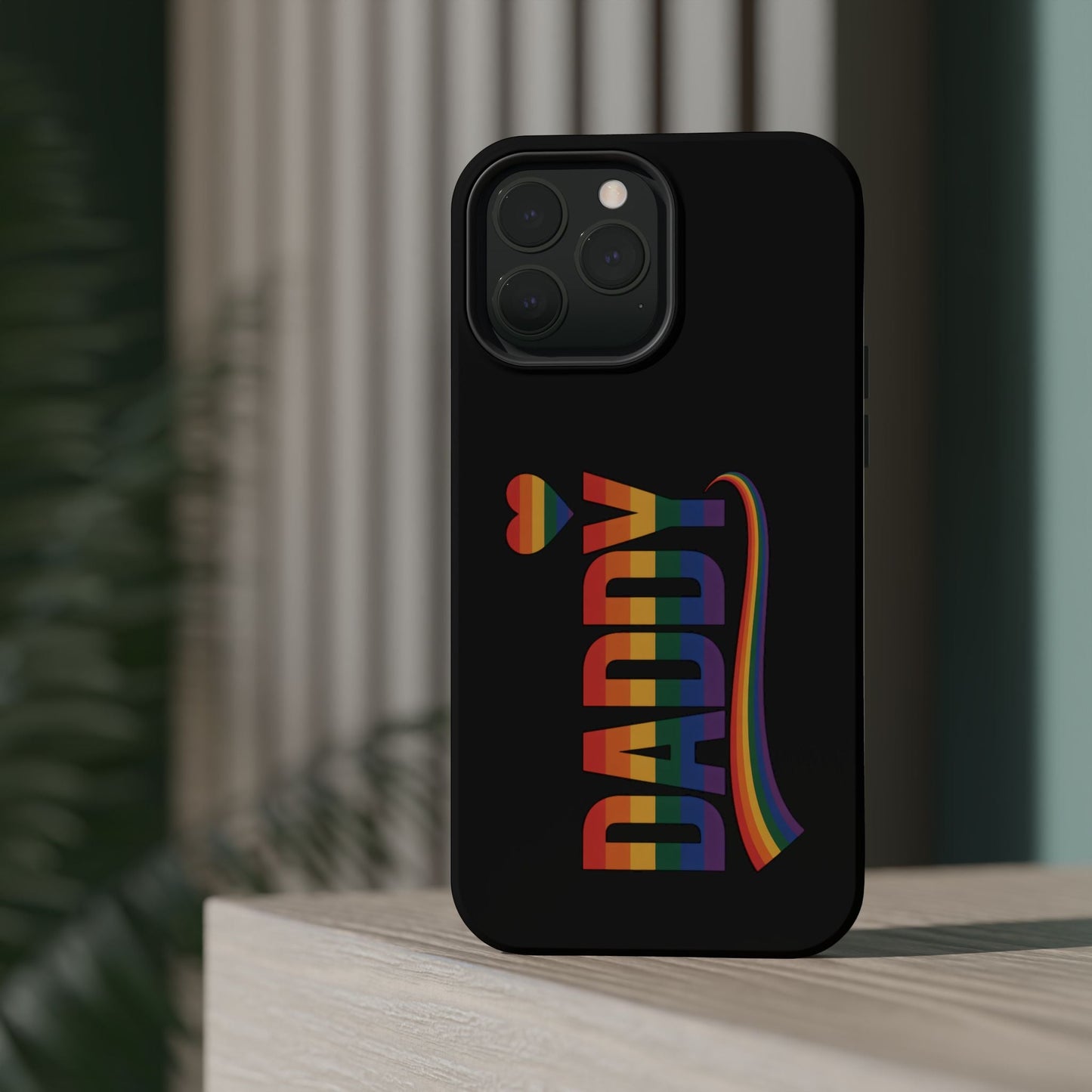 Black iPhone tough case with Fun Daddy LGBT Daddy rainbow design and heart icon, durable with MagSafe compatibility