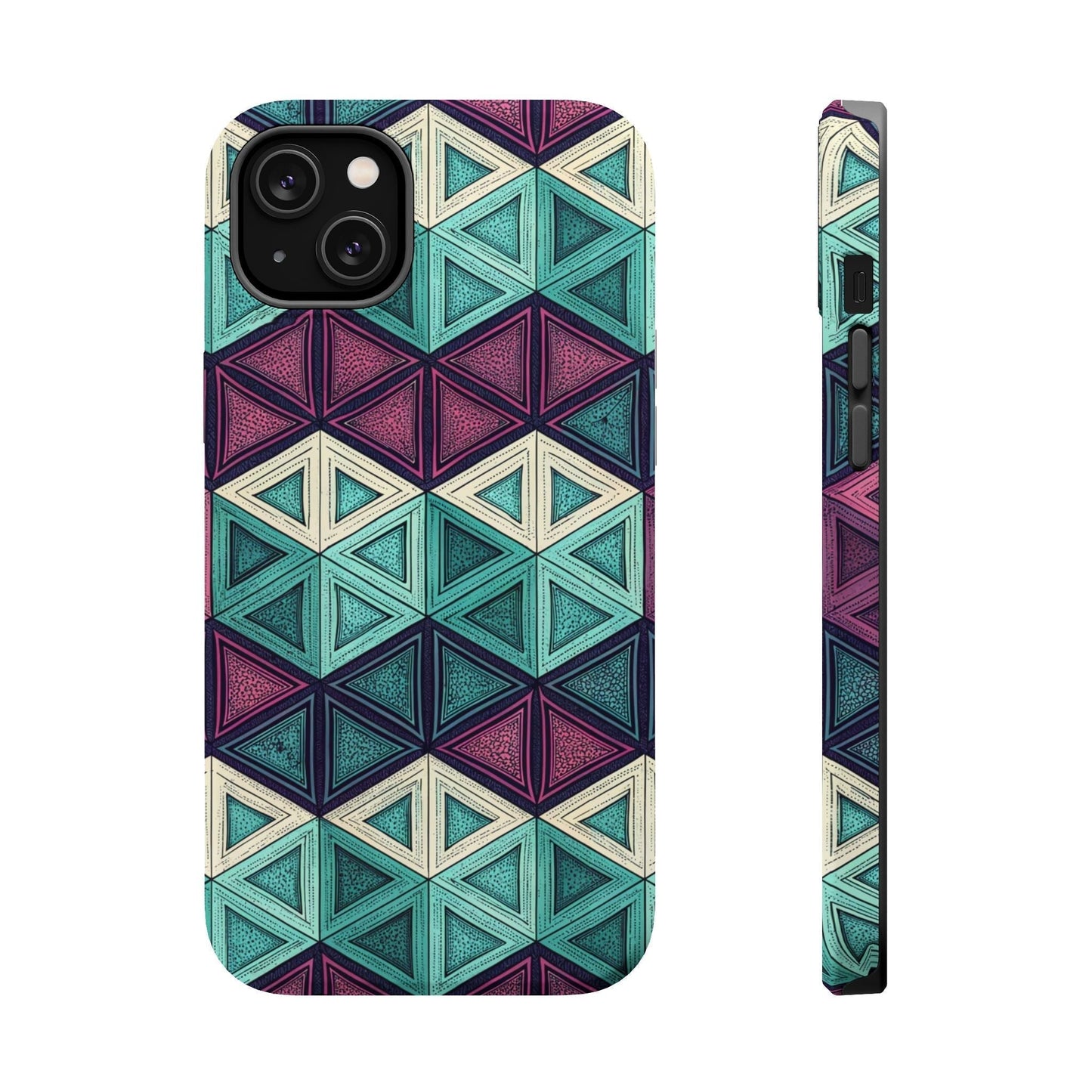 Purple and teal abstract geometric pattern iPhone tough case with MagSafe compatibility and dual-layer protection