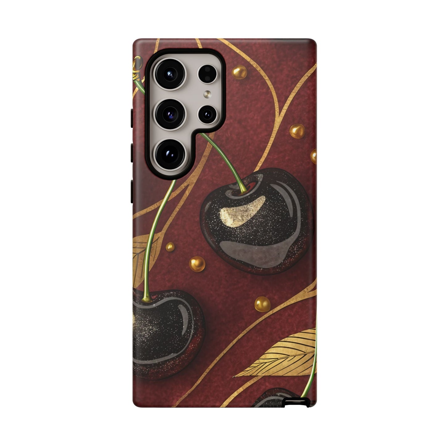 Golden Cherry Samsung Tough Case with 3D cherry design and gold accents for Samsung phone protection against drops and scratches