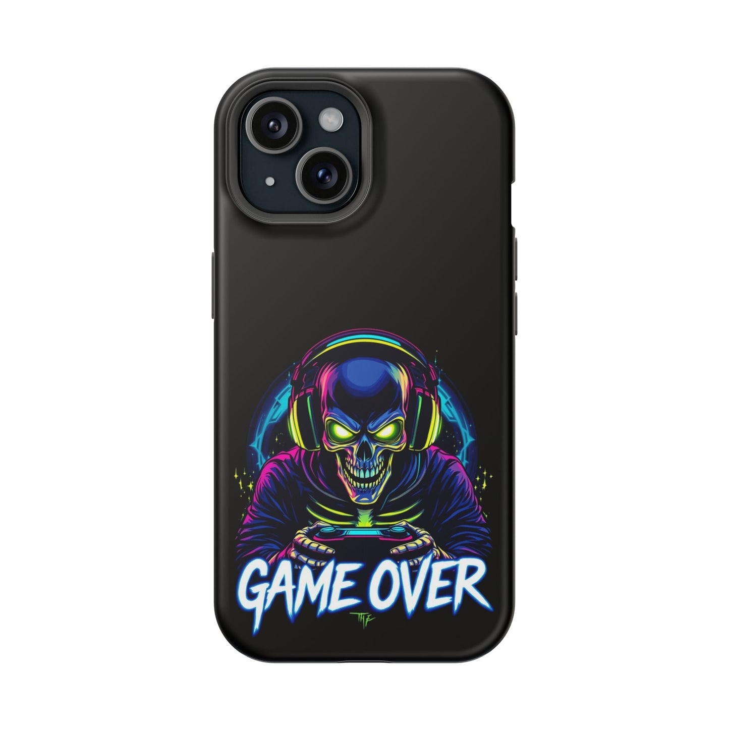 Game Over Gamer iPhone tough case with vibrant skull gamer design, durable dual-layer protection, and MagSafe compatibility.