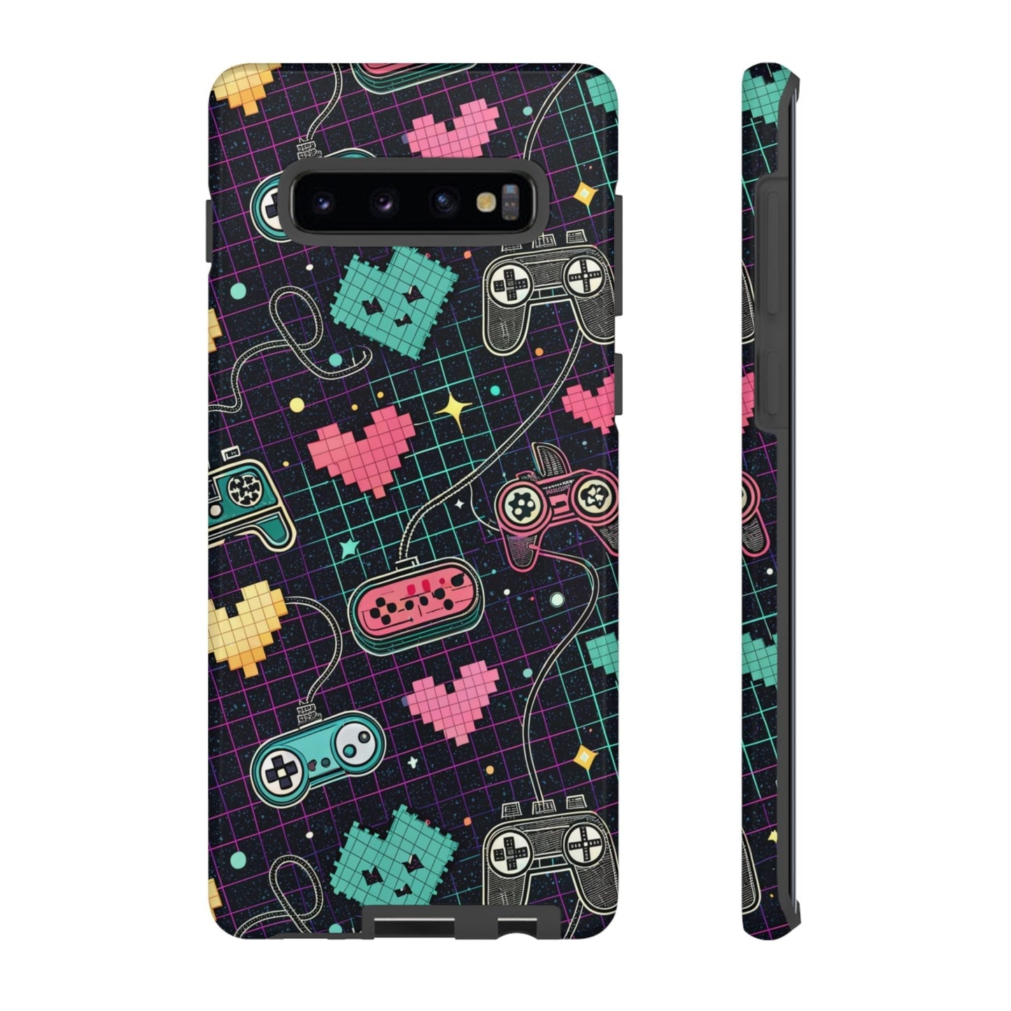 Retro Gamer Tough Case for Samsung Galaxy with colorful pixelated hearts and vintage game controllers design, durable impact-resistant protection.