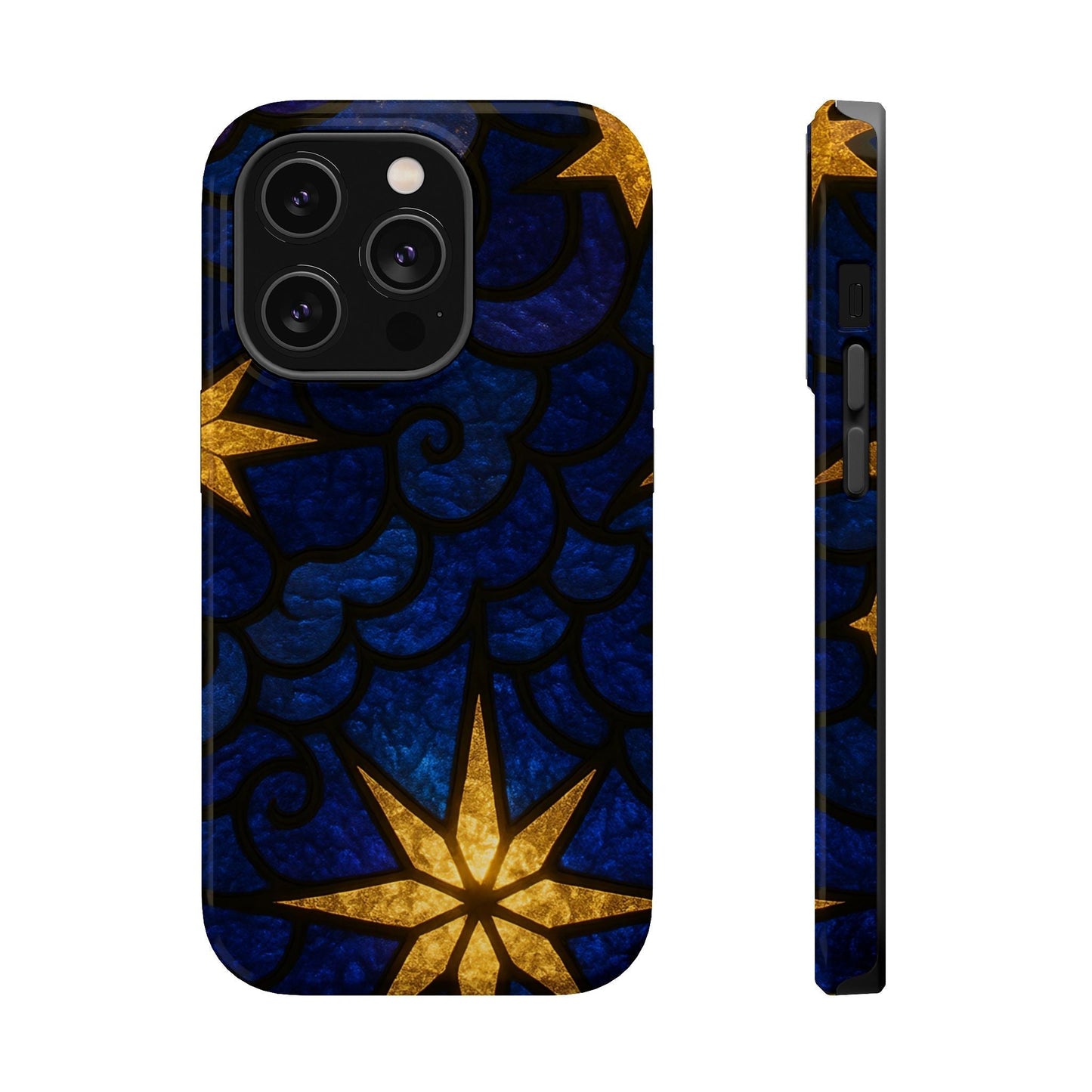 iPhone tough case with golden star design on dark blue background, durable MagSafe compatible protective cover