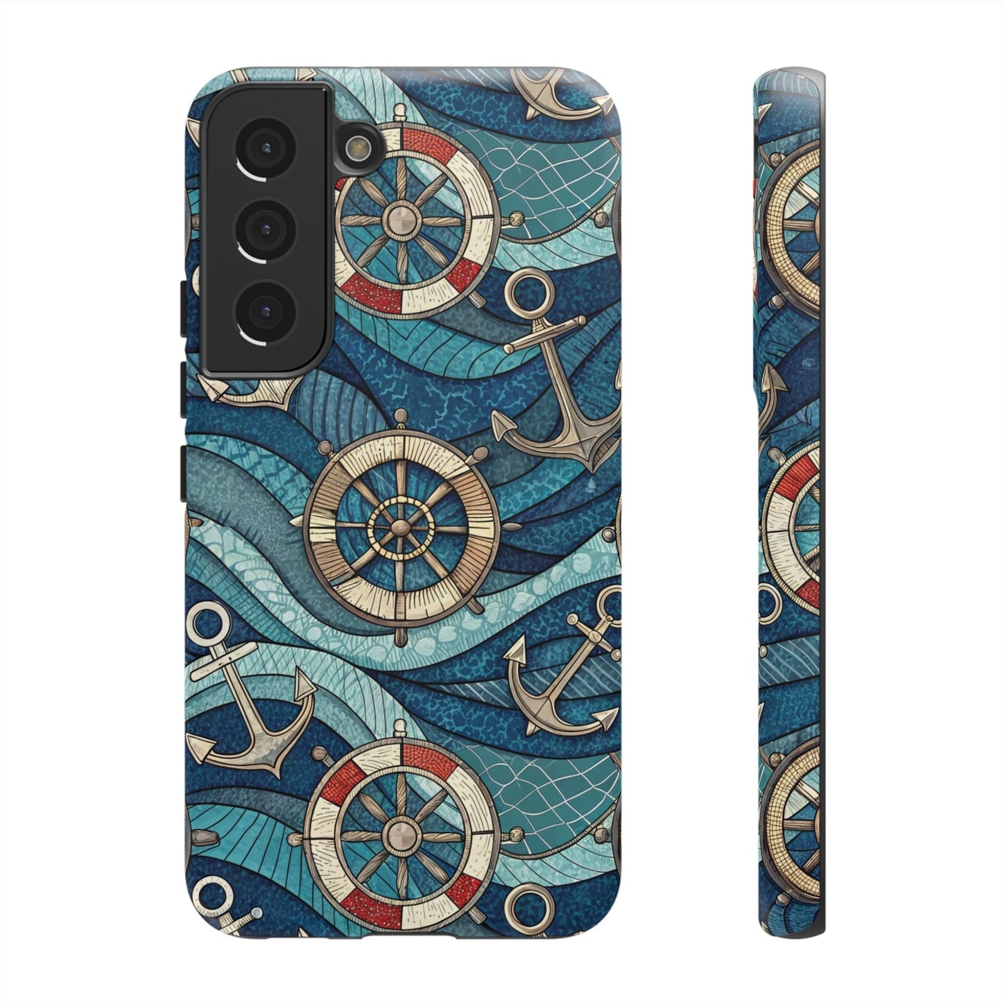 Samsung phone tough case with nautical anchor and life preserver design in blue maritime theme